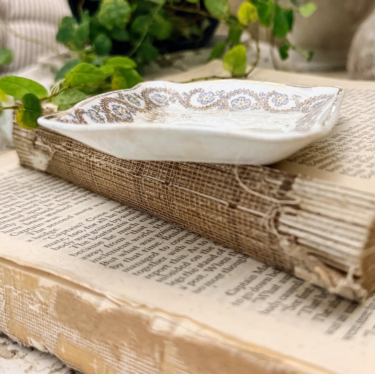 Antique SQUARE White Ironstone Butter Pat Transferware Floral Farmhouse Decor Crazed Stained