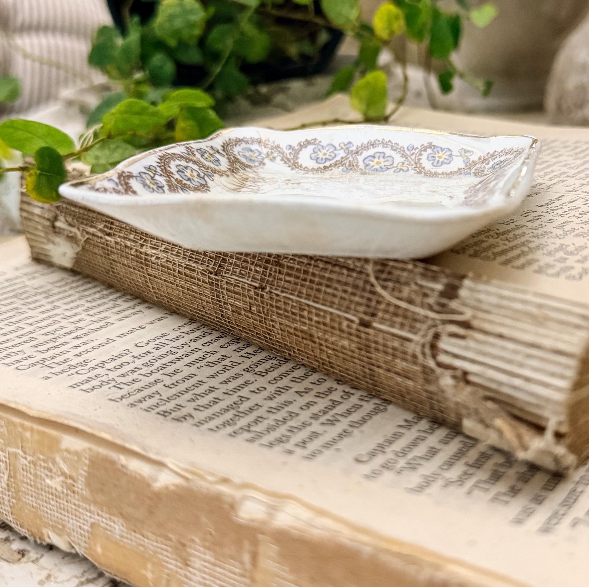 Antique SQUARE White Ironstone Butter Pat Transferware Floral Farmhouse Decor Crazed Stained