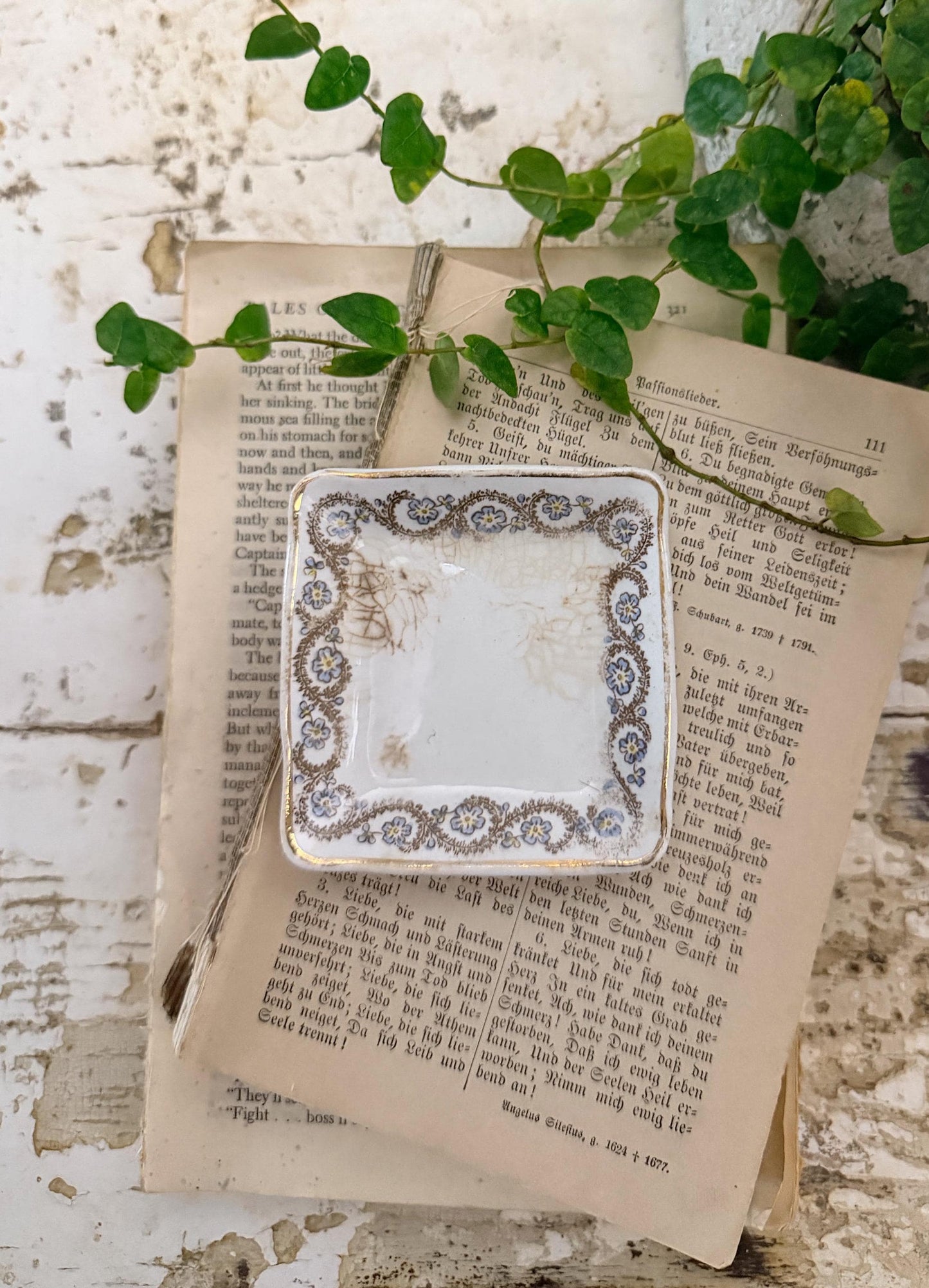 Antique SQUARE White Ironstone Butter Pat Transferware Floral Farmhouse Decor Crazed Stained