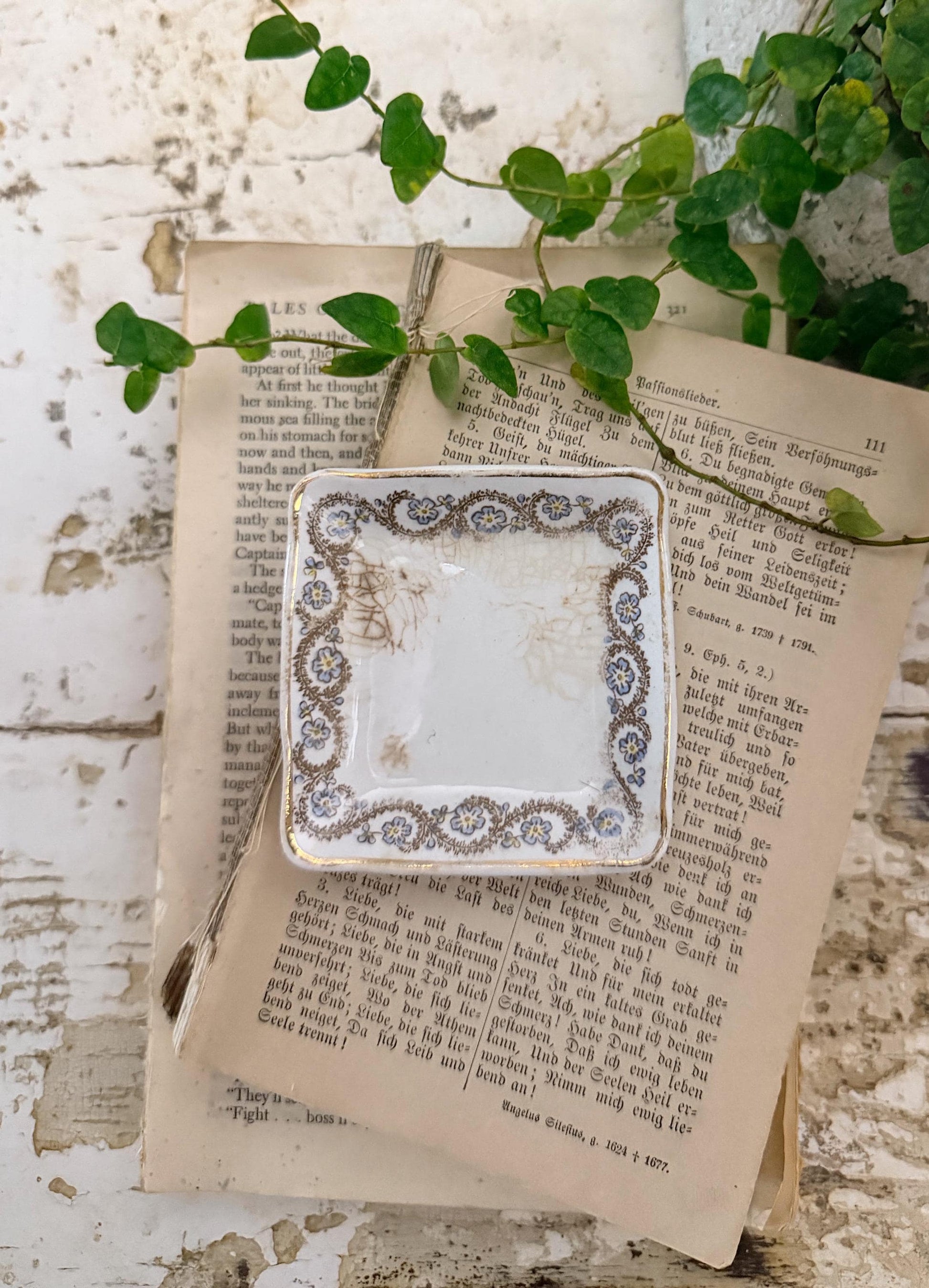 Antique SQUARE White Ironstone Butter Pat Transferware Floral Farmhouse Decor Crazed Stained