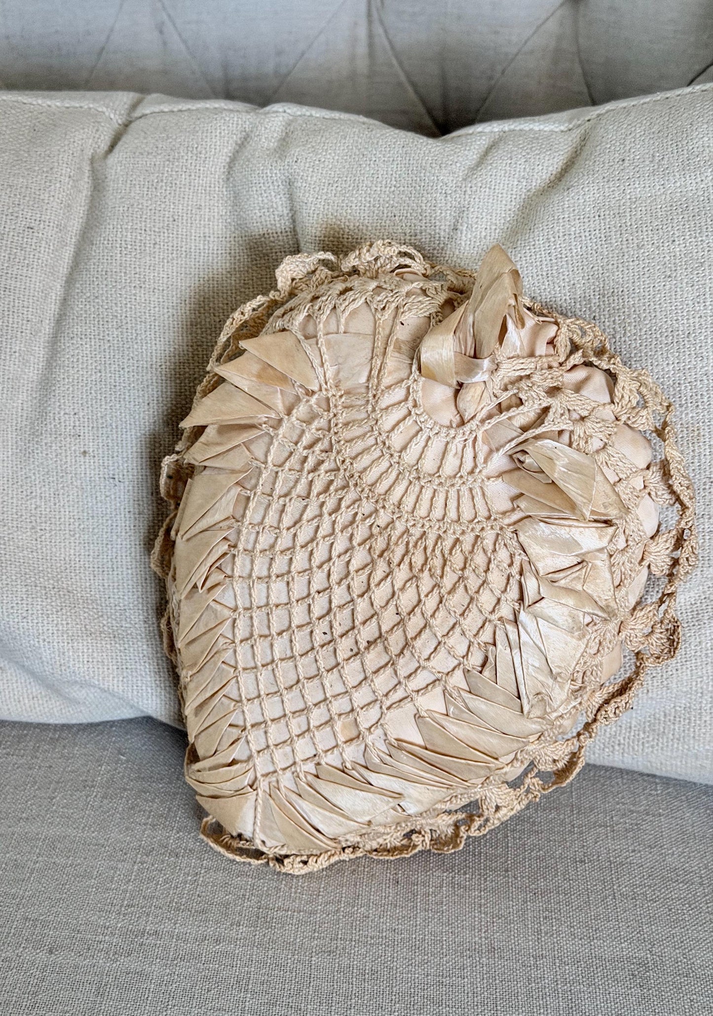 Antique Pillow Crochet Ribbon HEART Primitive Decor Shabby Chic Victorian Sachet