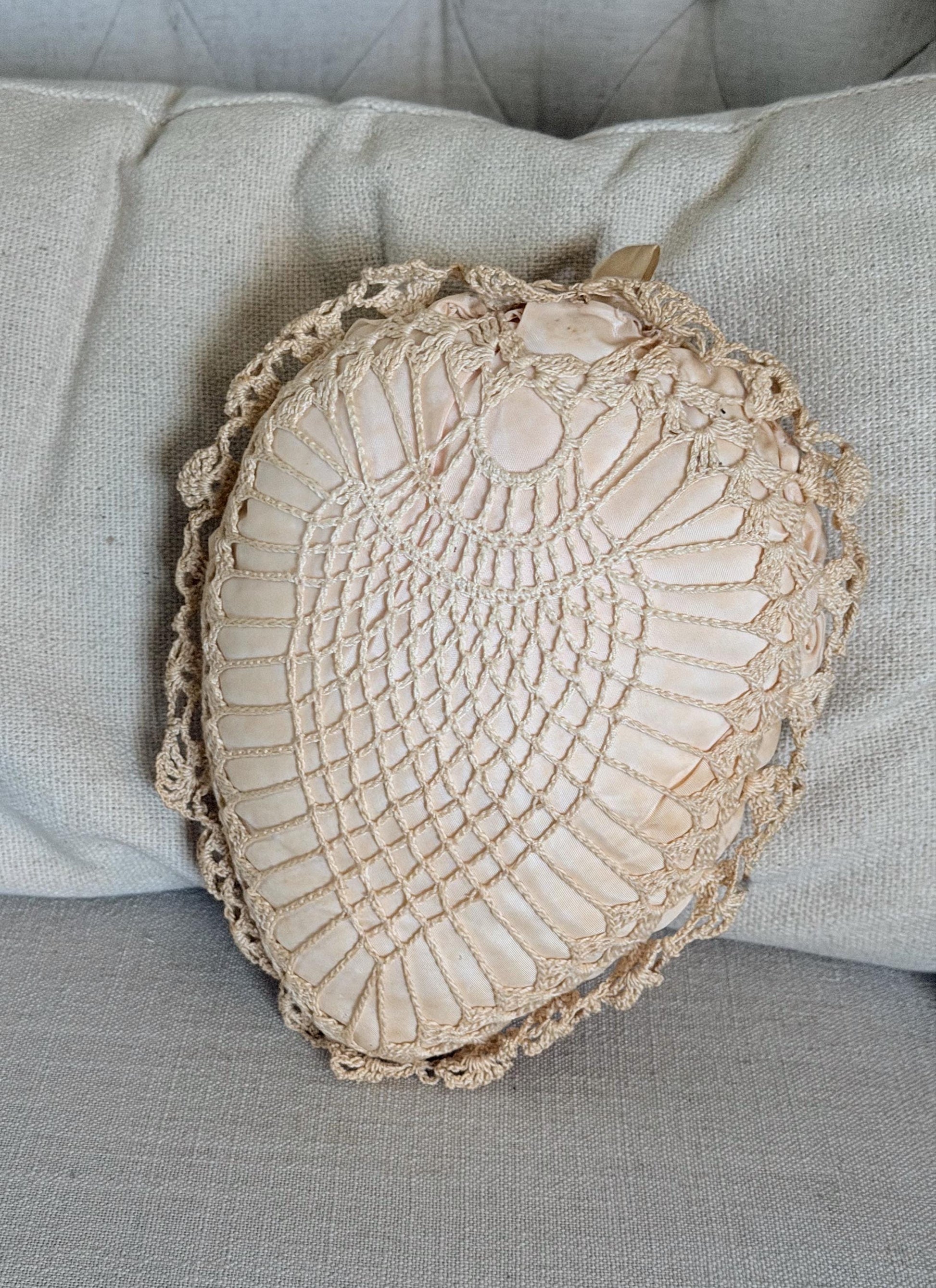 Antique Pillow Crochet Ribbon HEART Primitive Decor Shabby Chic Victorian Sachet