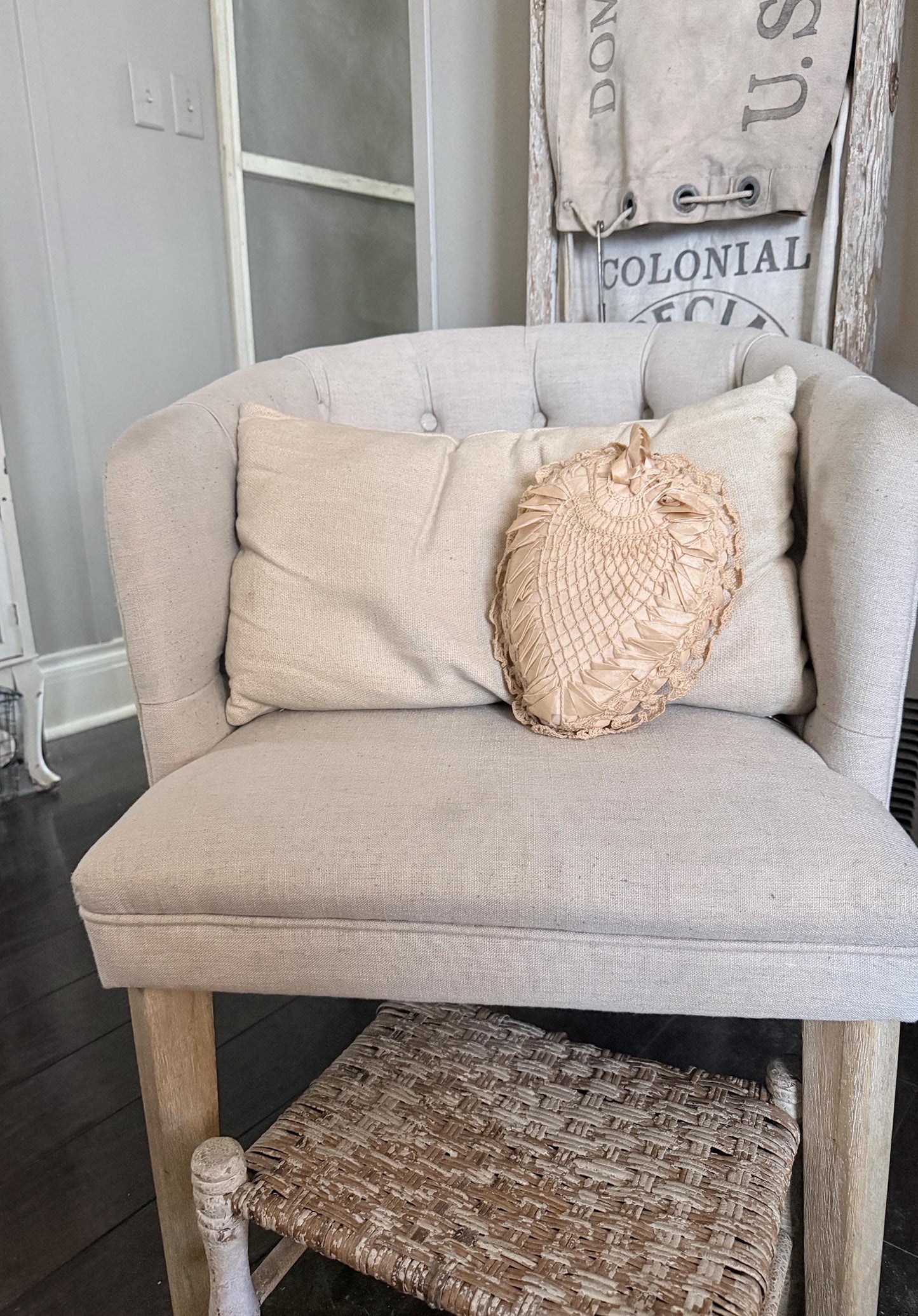 Antique Pillow Crochet Ribbon HEART Primitive Decor Shabby Chic Victorian Sachet