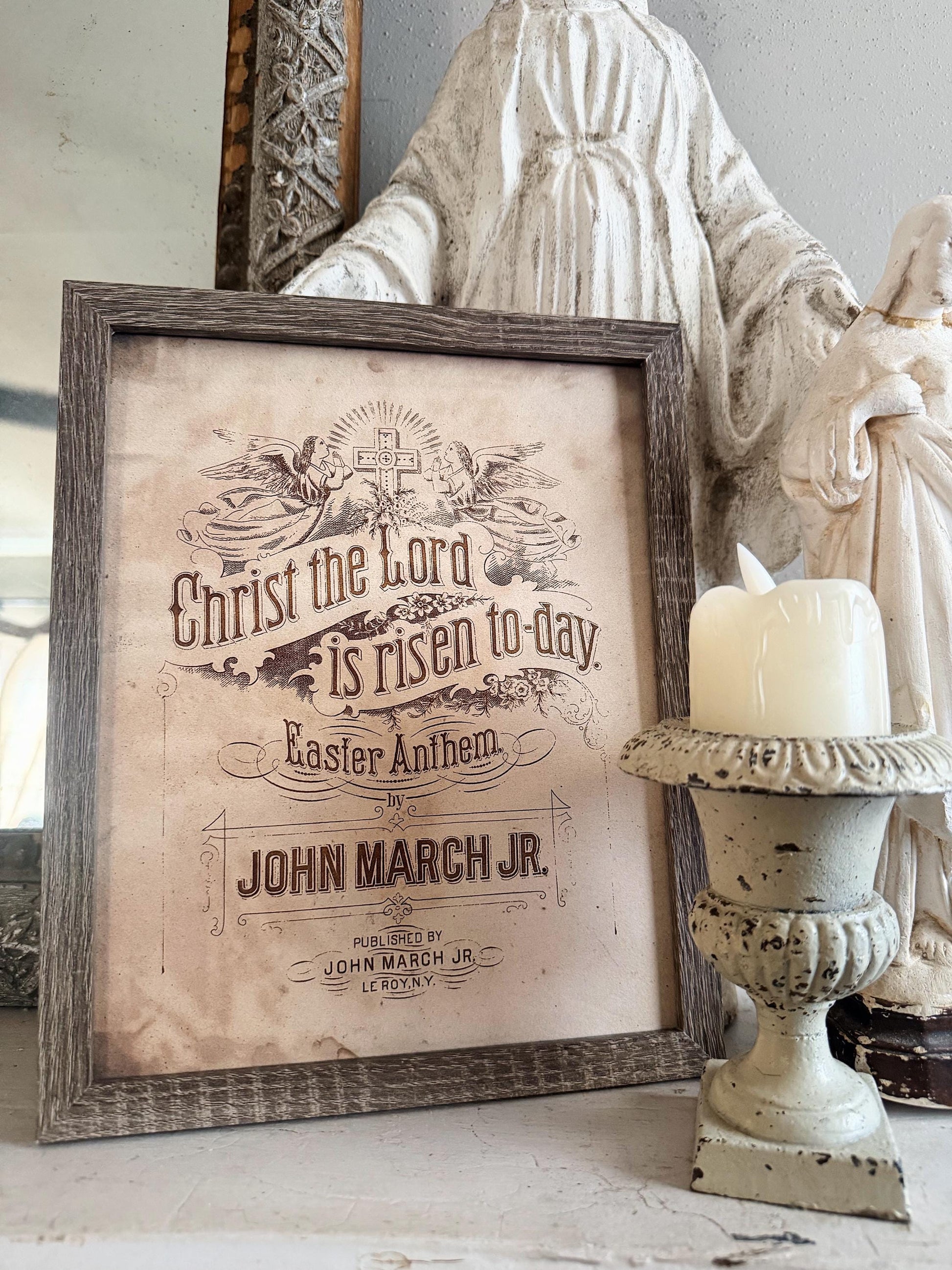 Christ The Lord Is Risen Today EASTER Wood Sign FRAMED Vintage Farmhouse Wall Art Print Sheet Music Book Page