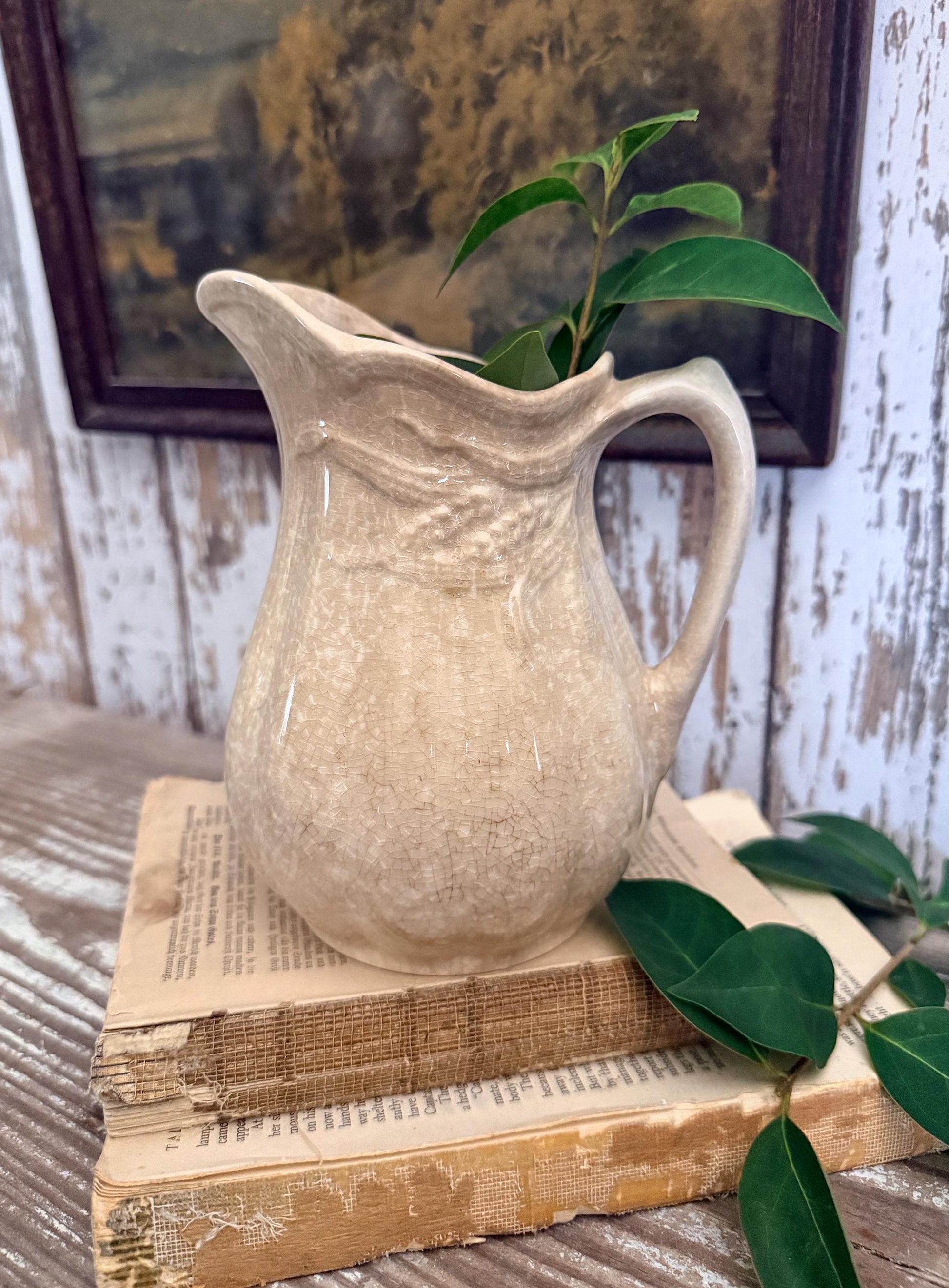 Antique White Ironstone PITCHER Jug Creamy White Farmhouse Decor Grungy Crazing Crazed Stained Arthur Wood England Royal