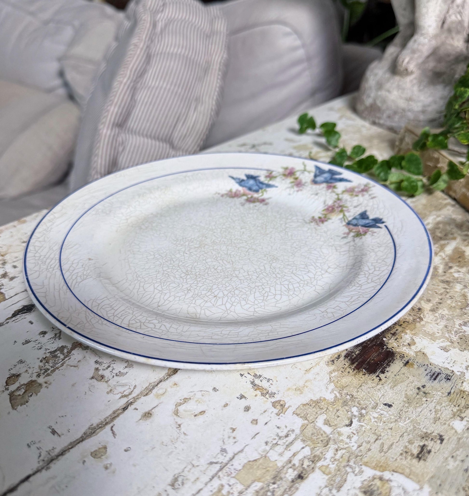Antique BLUEBIRD Ironstone Dinner Plate Farmhouse Decor Crazing Stained MONTEL Mount Clemens