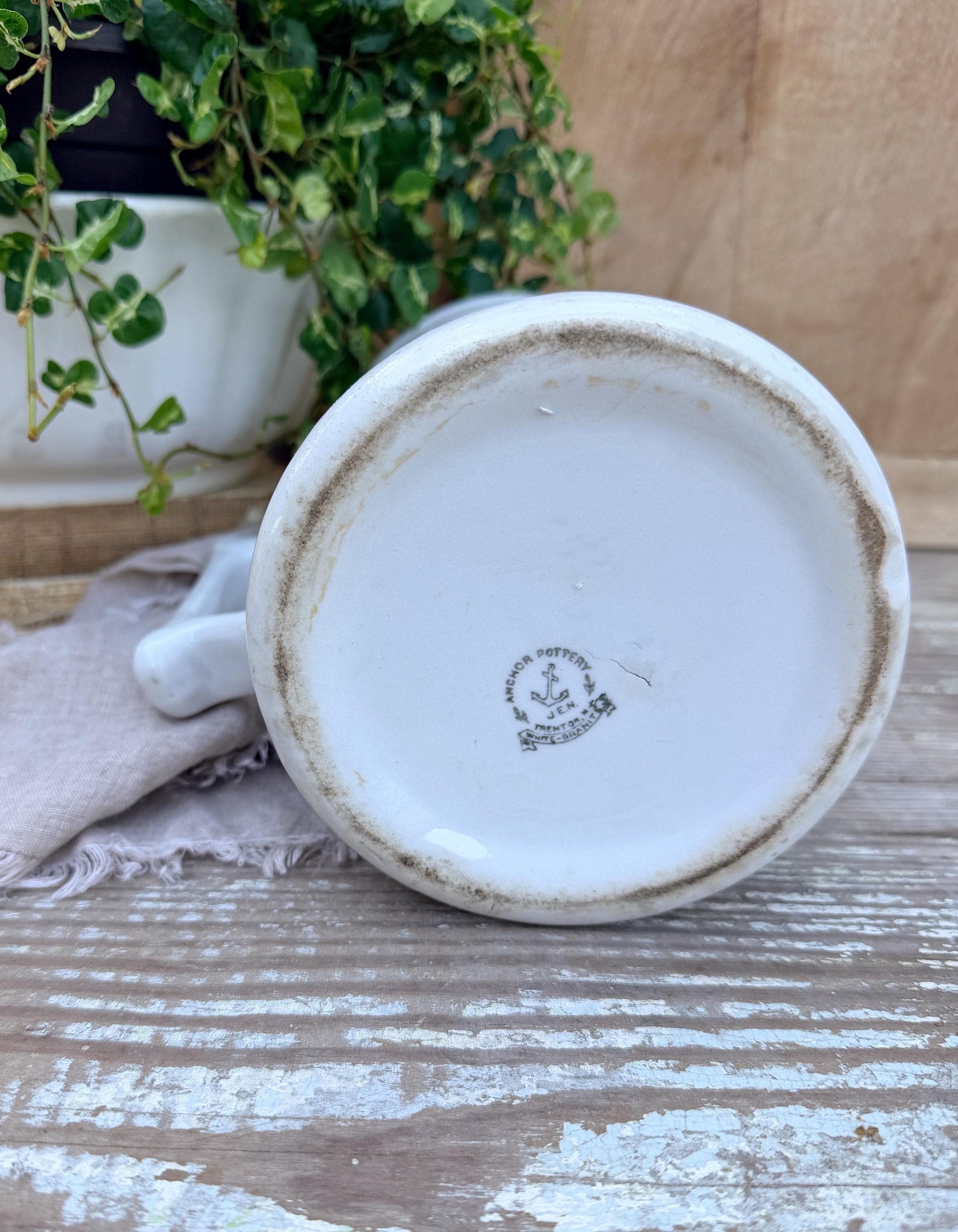 Antique White Ironstone Pitcher ICE WATER Milk Jug Farmhouse Decor ANCHOR Pottery Crazed Transferware Brown