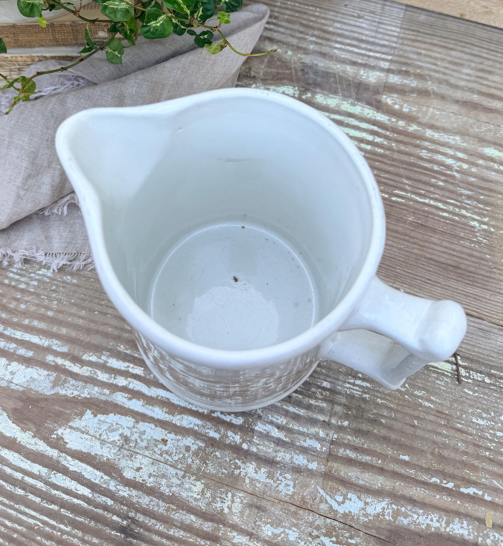 Antique White Ironstone Pitcher ICE WATER Milk Jug Farmhouse Decor ANCHOR Pottery Crazed Transferware Brown