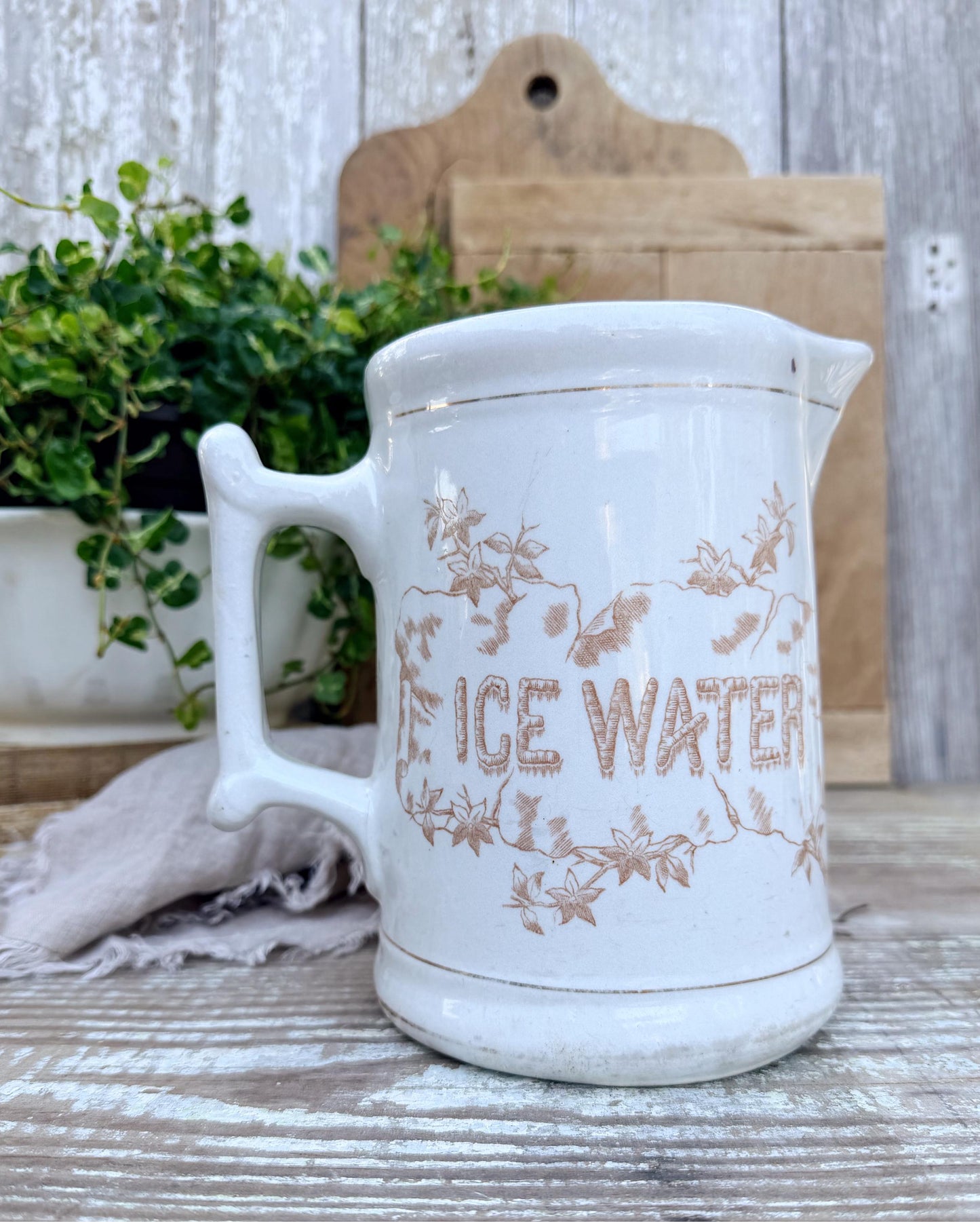 Antique White Ironstone Pitcher ICE WATER Milk Jug Farmhouse Decor ANCHOR Pottery Crazed Transferware Brown