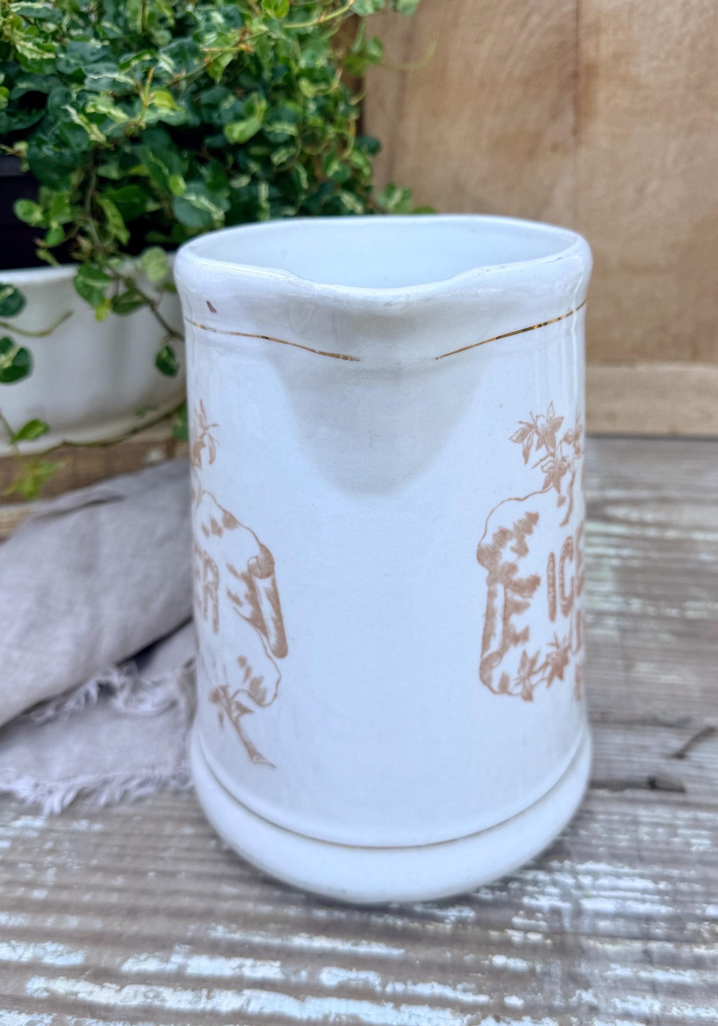 Antique White Ironstone Pitcher ICE WATER Milk Jug Farmhouse Decor ANCHOR Pottery Crazed Transferware Brown