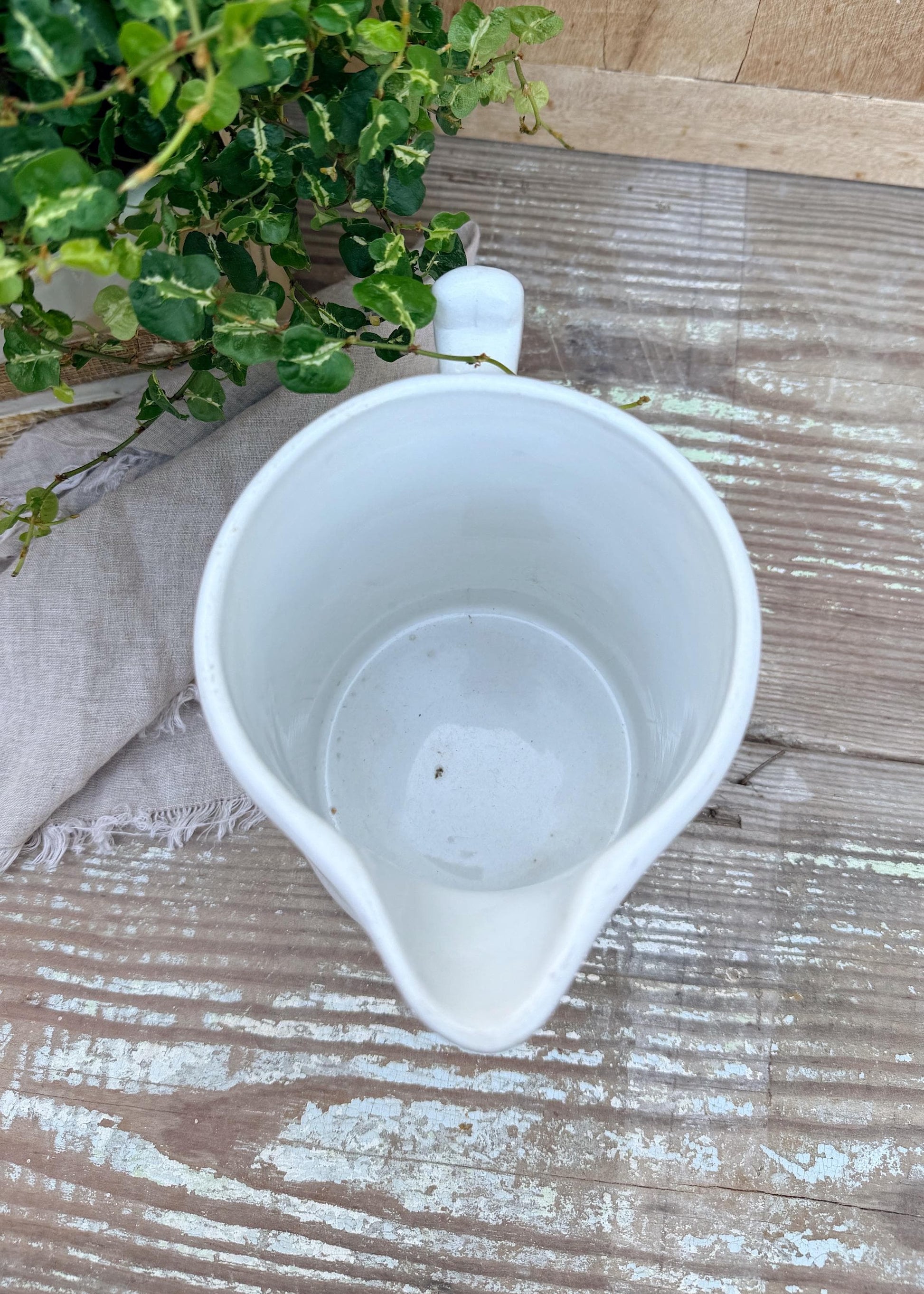 Antique White Ironstone Pitcher ICE WATER Milk Jug Farmhouse Decor ANCHOR Pottery Crazed Transferware Brown