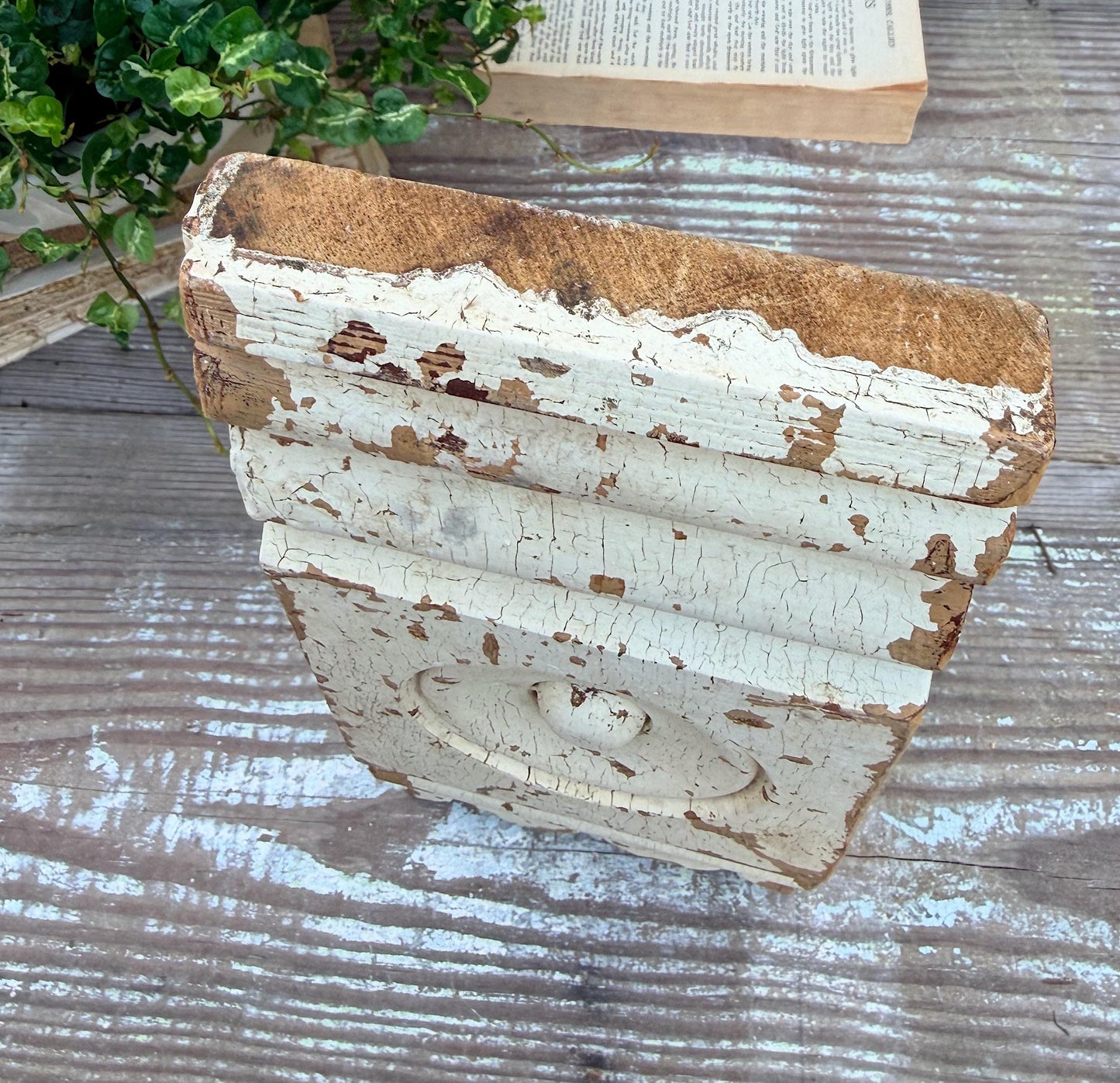 Antique Eastlake Wood Plith: Chippy White Salvaged Architectural Trim Detail