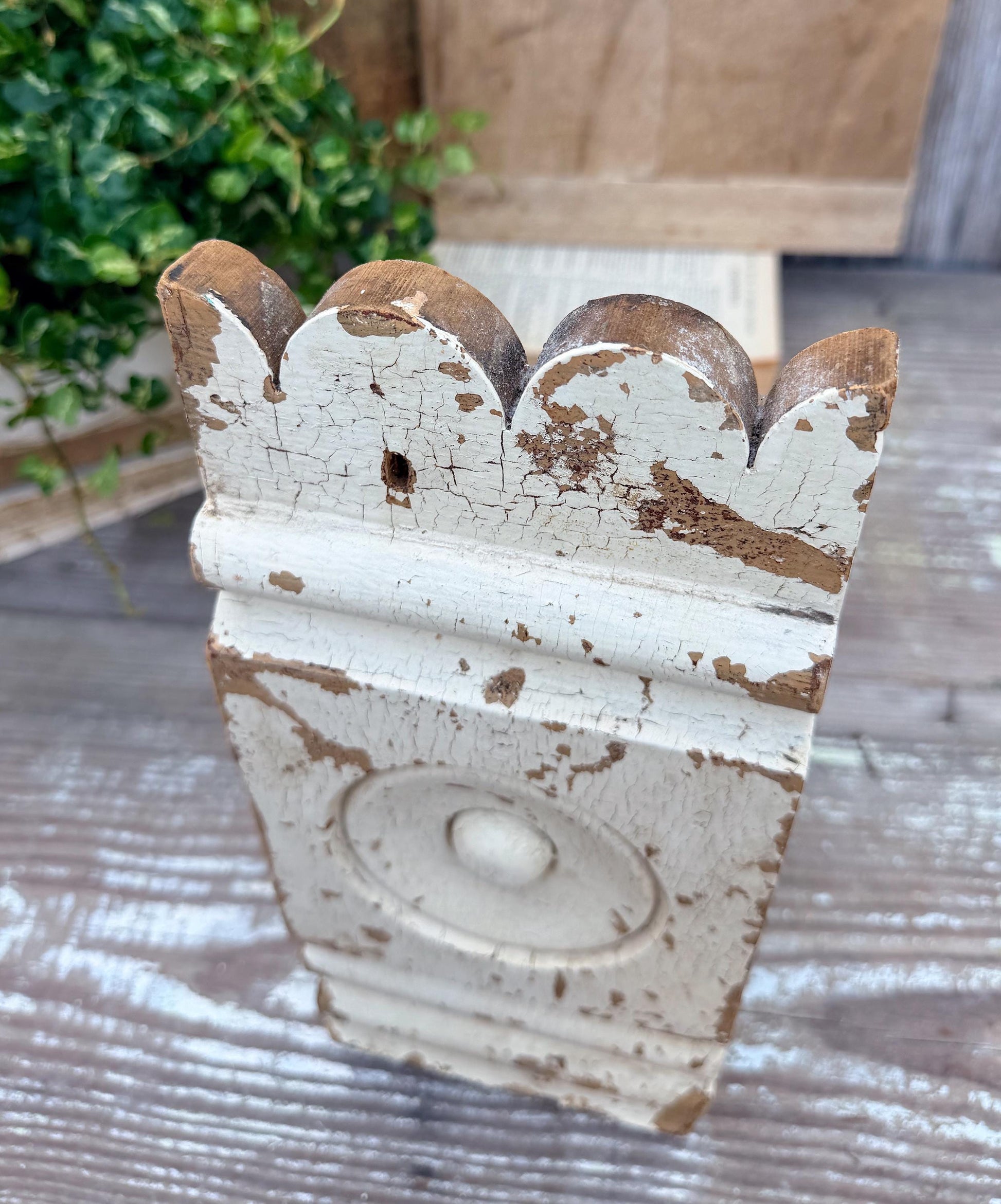Antique Eastlake Wood Plith: Chippy White Salvaged Architectural Trim Detail