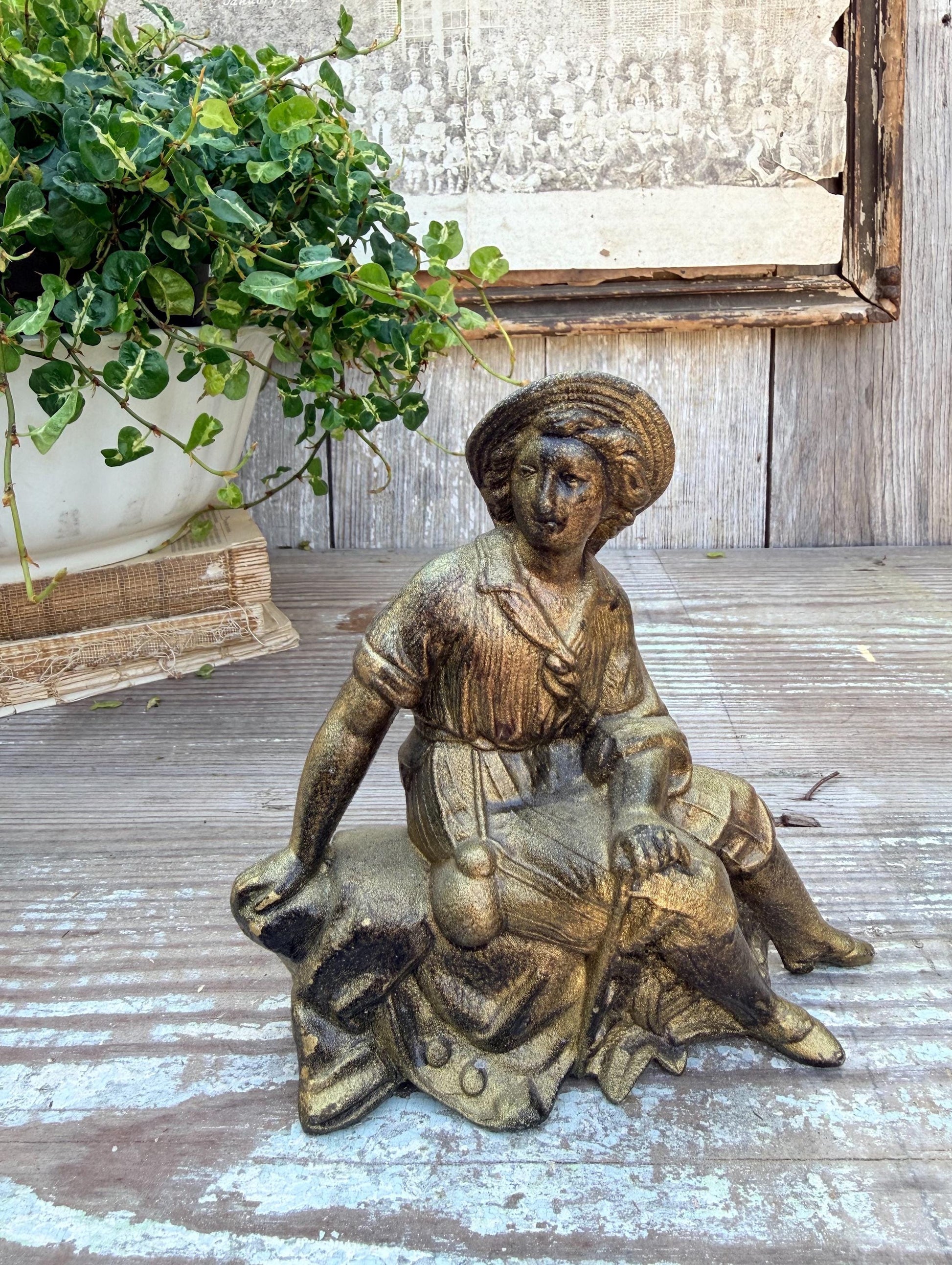 Antique Victorian French Spelter Herder Metal Statue Figurine Brass