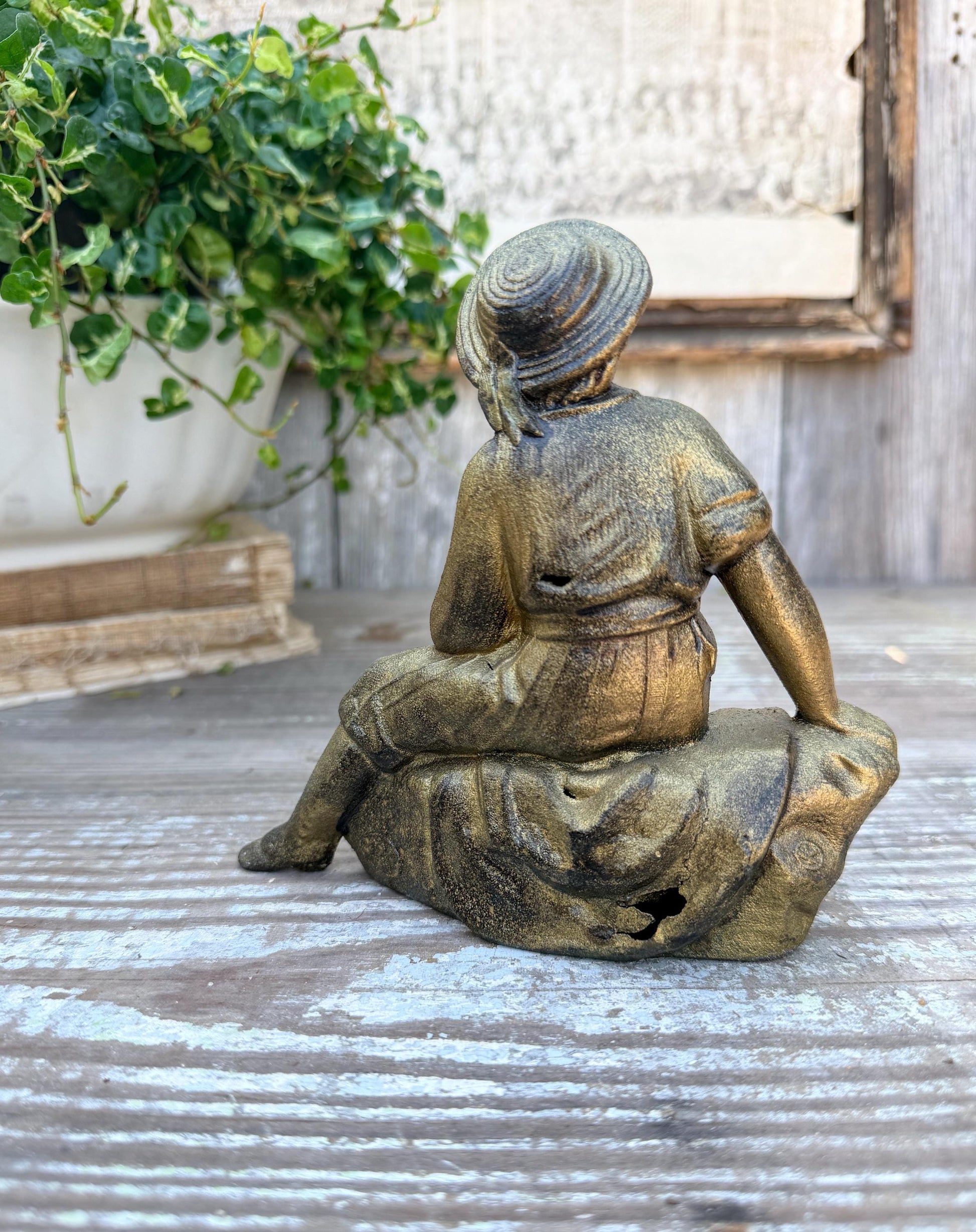 Antique Victorian French Spelter Herder Metal Statue Figurine Brass