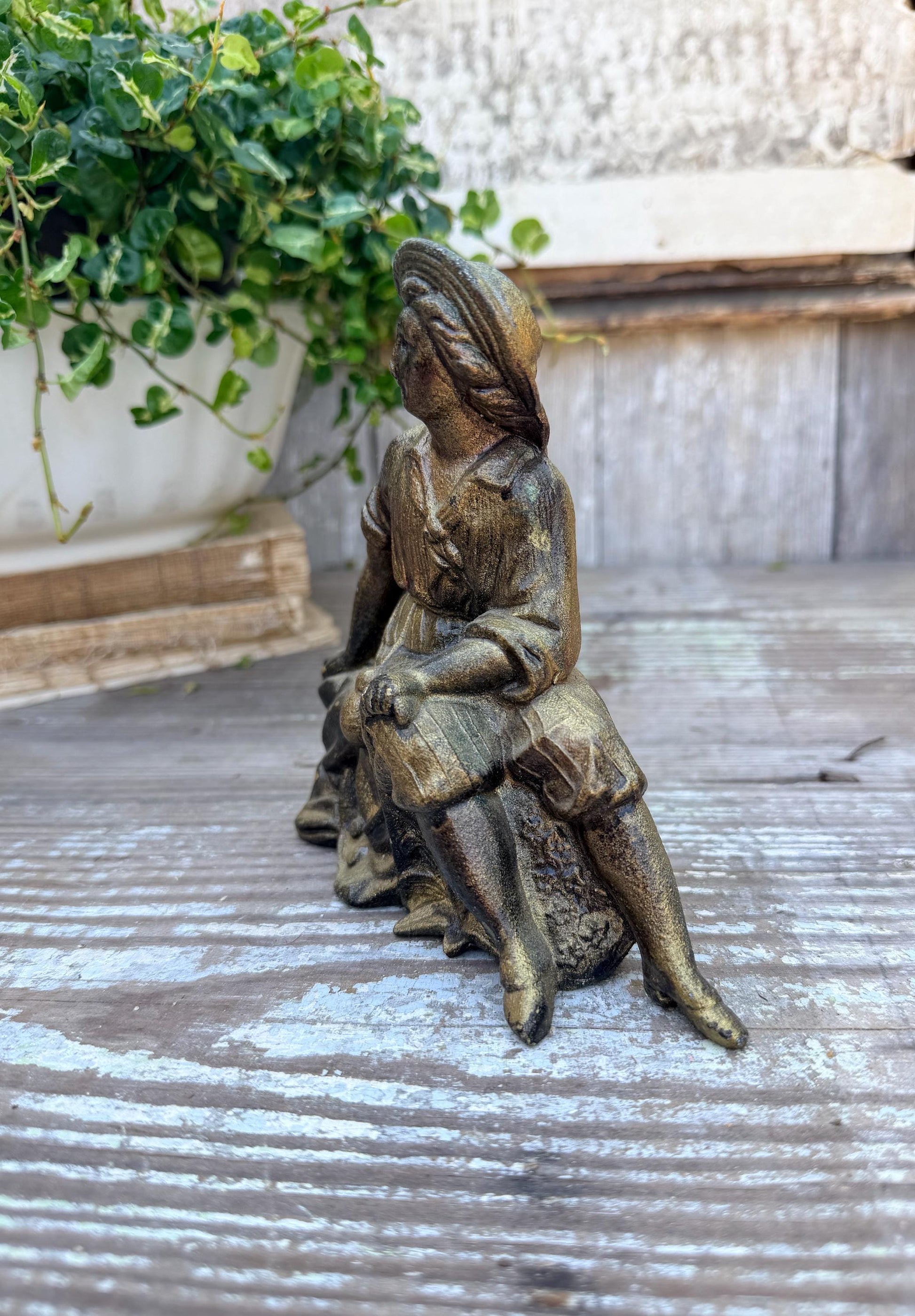 Antique Victorian French Spelter Herder Metal Statue Figurine Brass