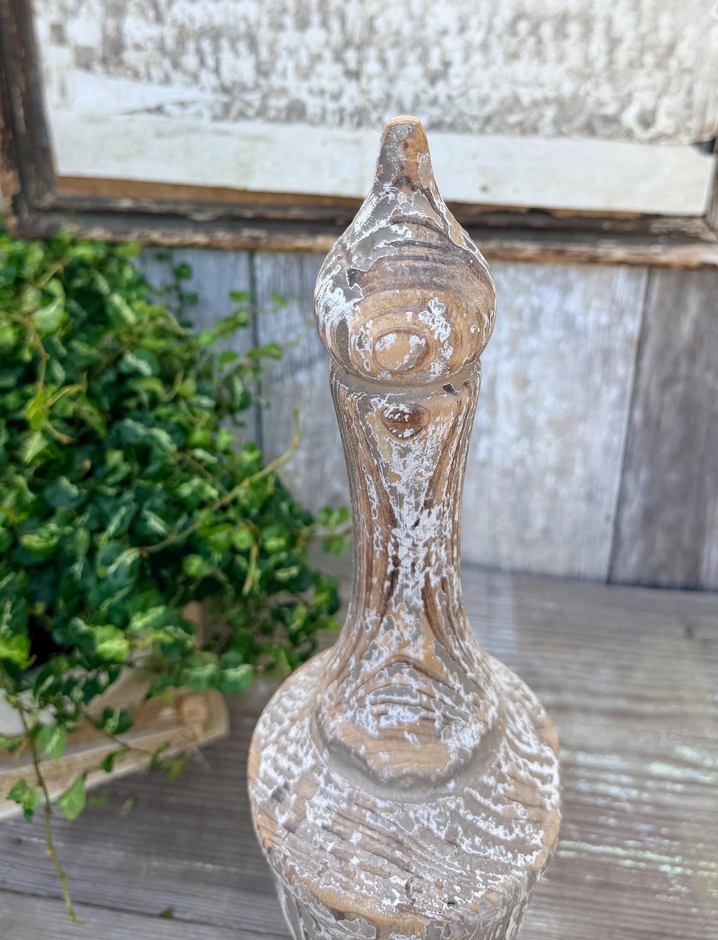 Antique Newell Post Cap LARGE Chippy White Carved Wood Ball End Architectural Salvage