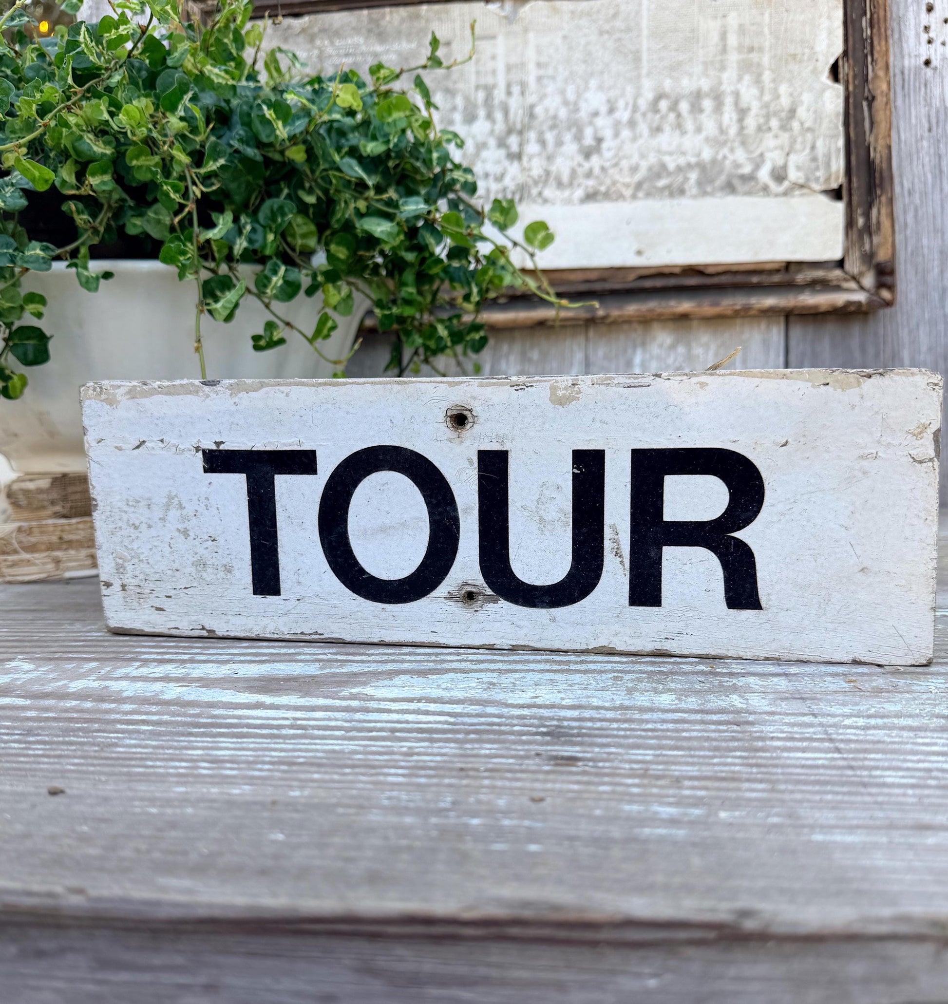 Authentic Vintage TOUR Sign, Chippy White Barn Wood Farmhouse Decor