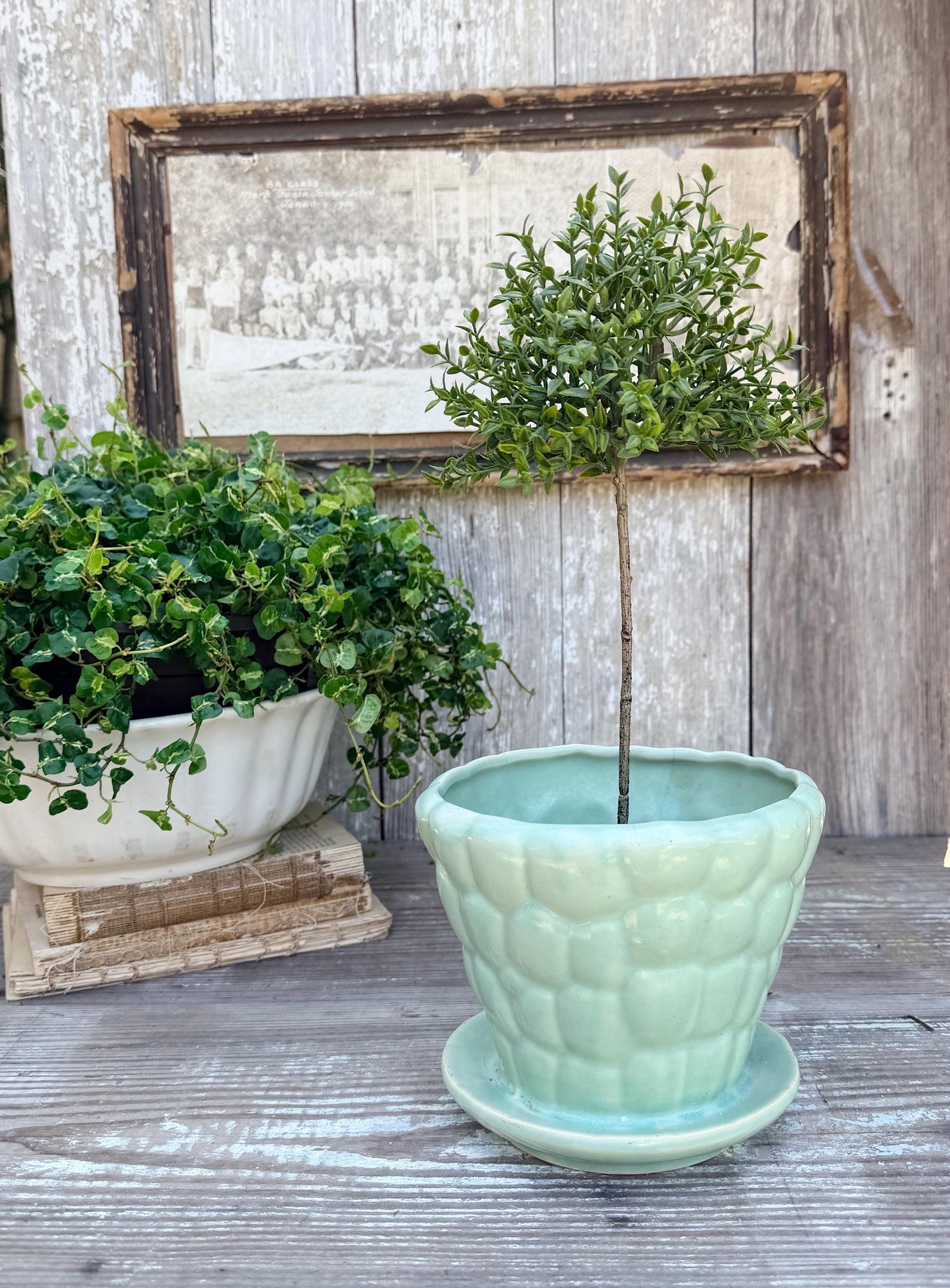 Antique McCoy Pebble Flower Pot with Saucer – Green USA Planter Container