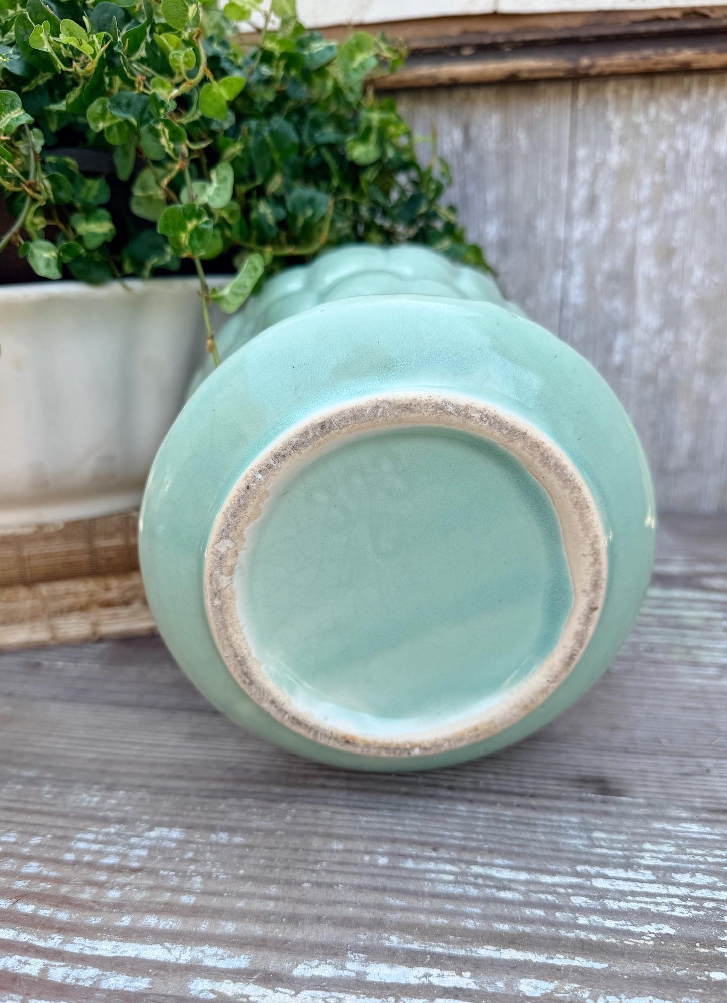 Antique McCoy Pebble Flower Pot with Saucer – Green USA Planter Container