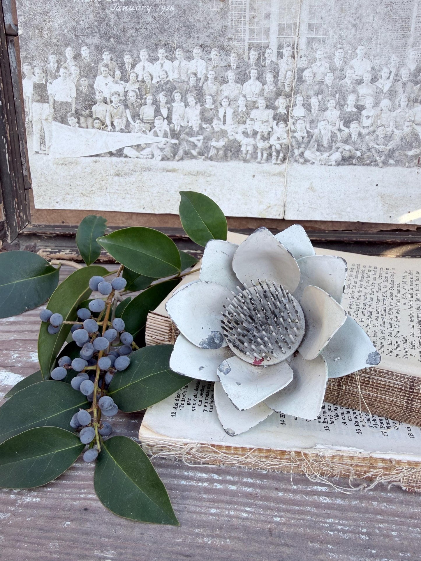 Antique White Lotus Metal Floral Frog Holder, Farmhouse Garden Decor