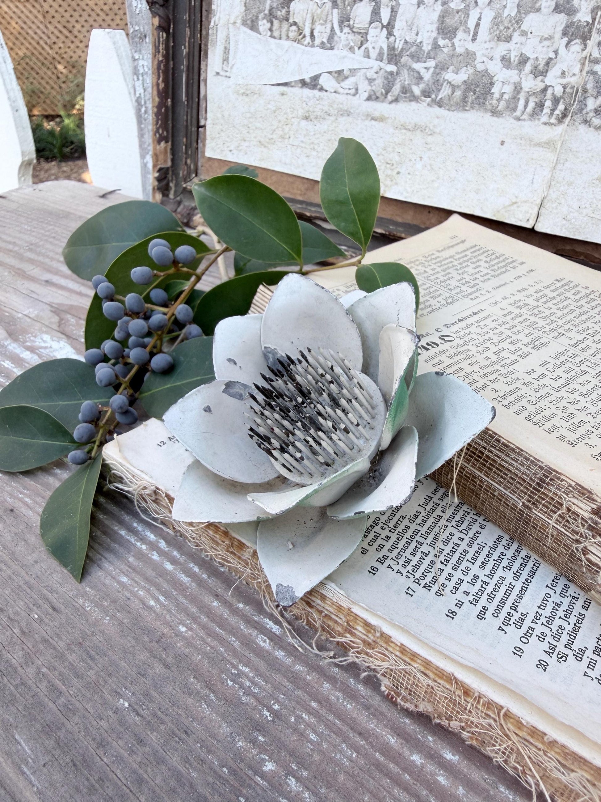 Antique White Lotus Metal Floral Frog Holder, Farmhouse Garden Decor
