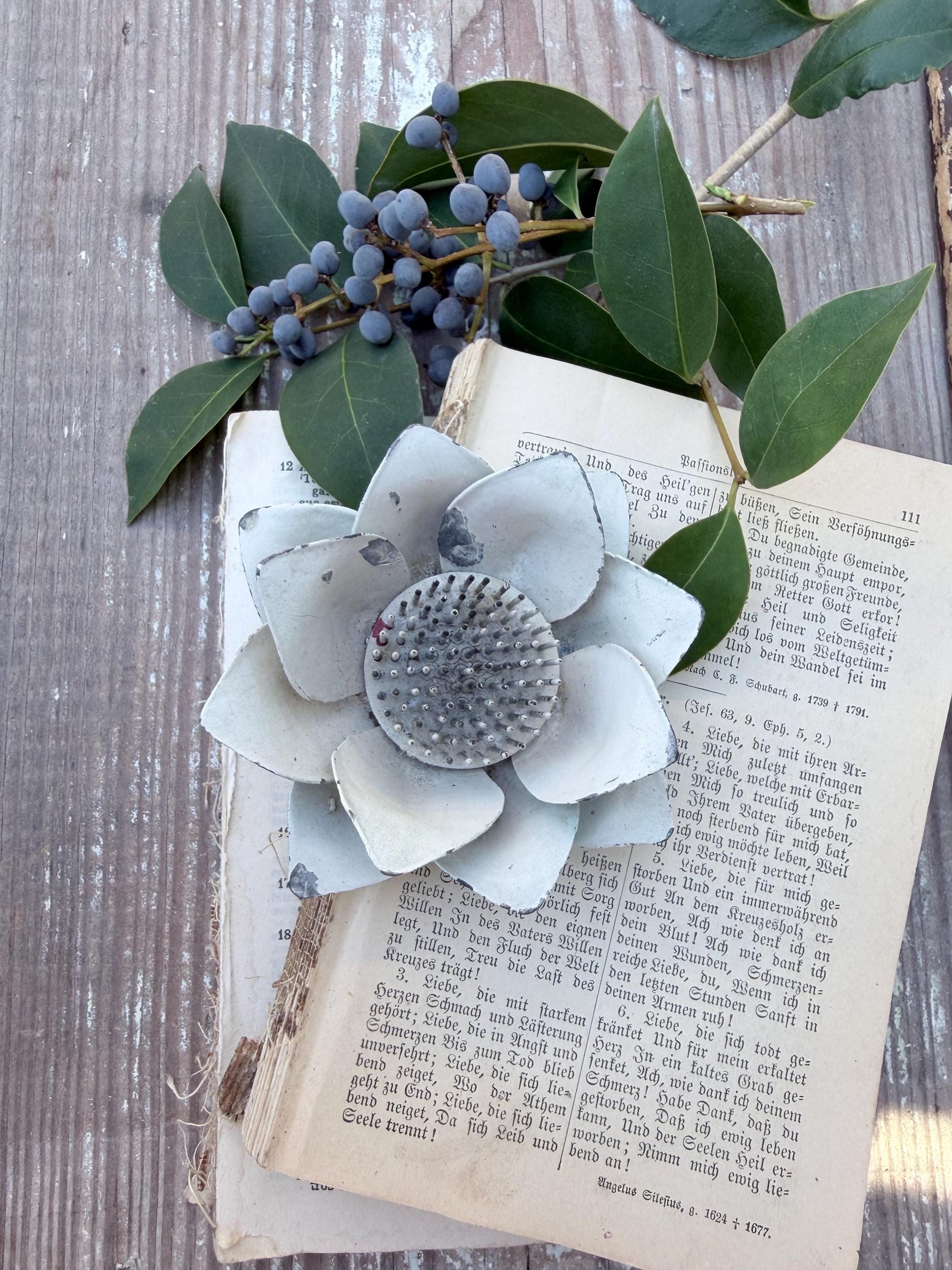 Antique White Lotus Metal Floral Frog Holder, Farmhouse Garden Decor