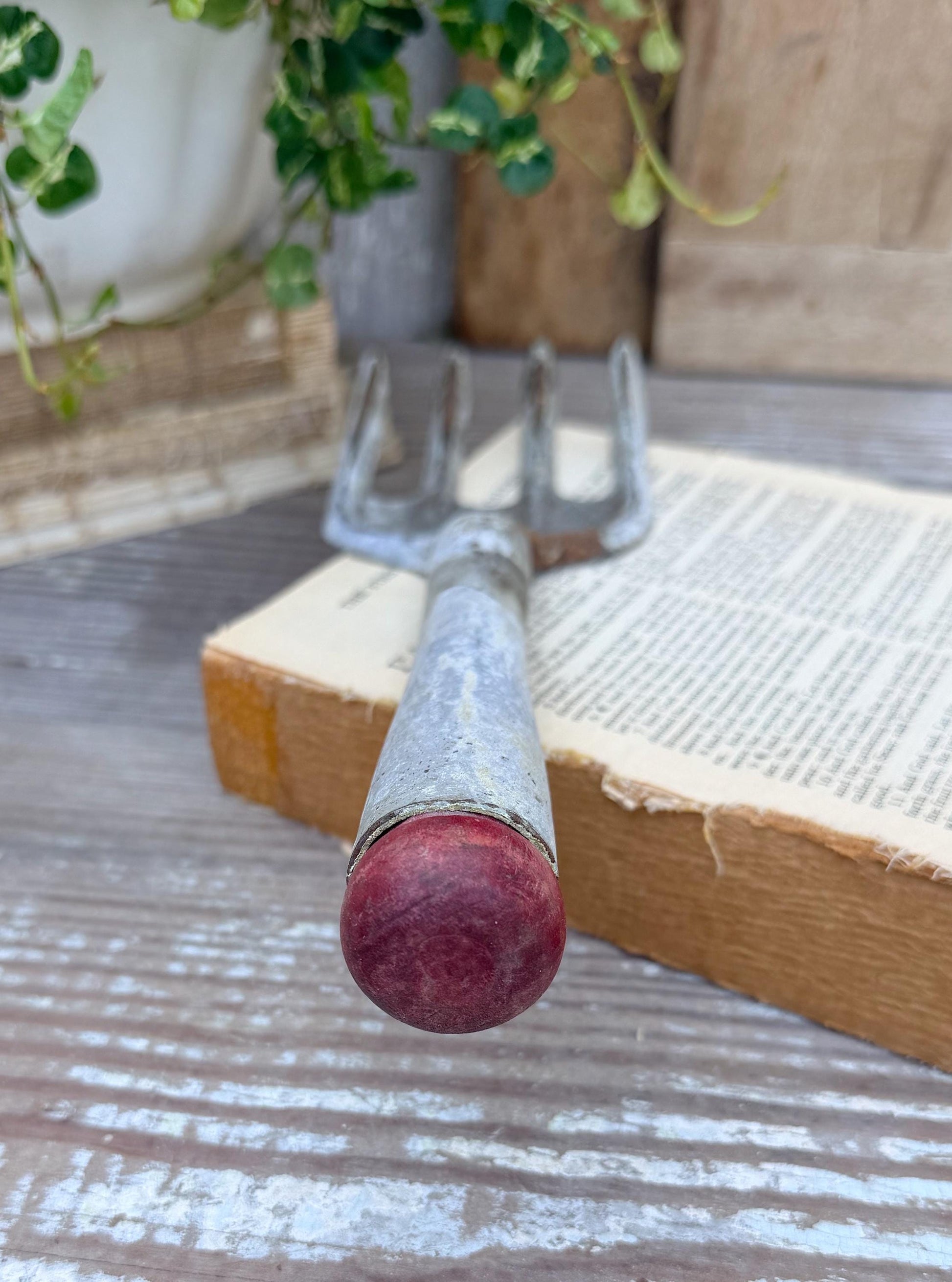 Vintage RED Garden Hand Tool Fork Metal Farmhouse Decor Industrial Salvage