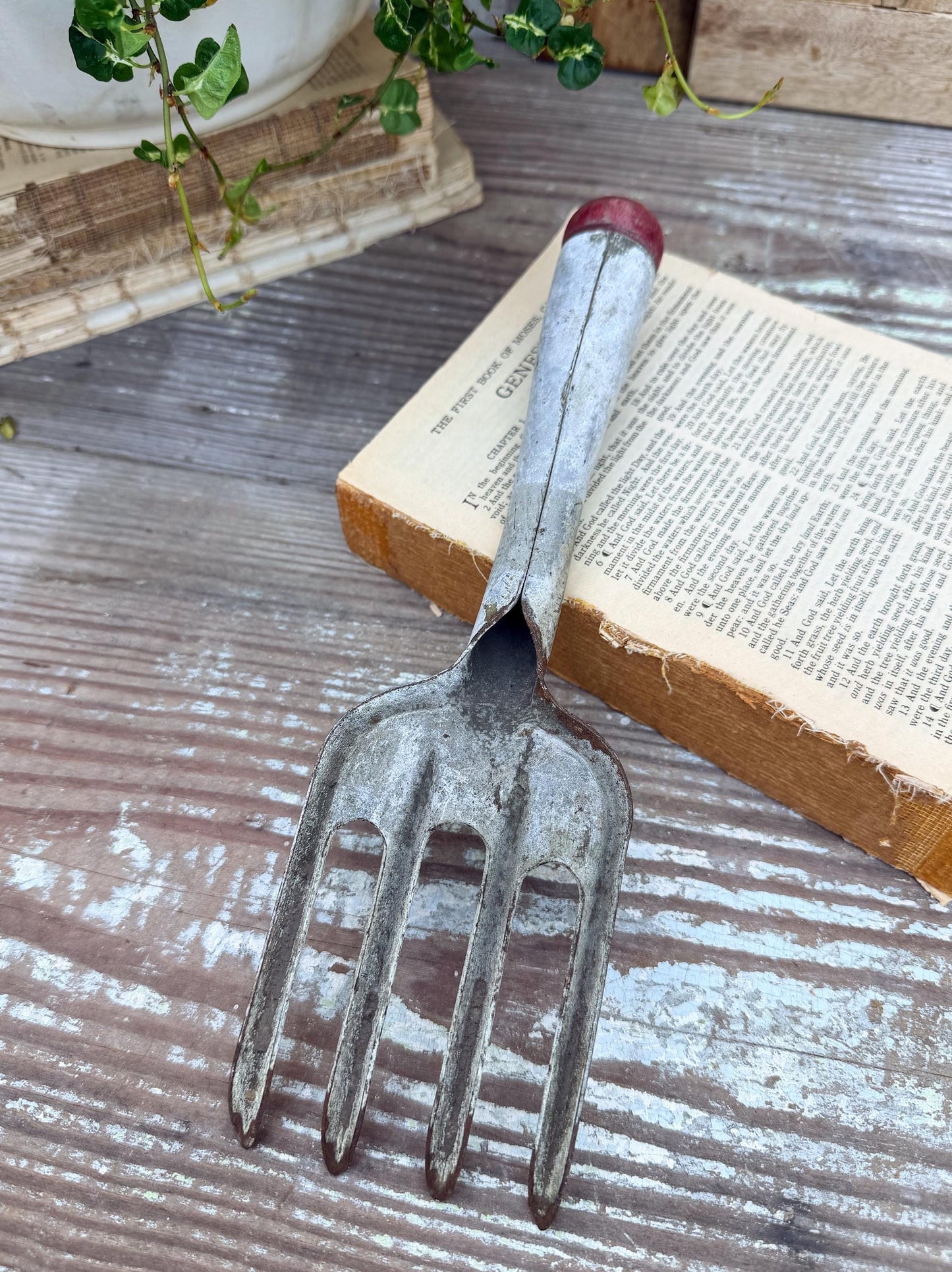 Vintage RED Garden Hand Tool Fork Metal Farmhouse Decor Industrial Salvage