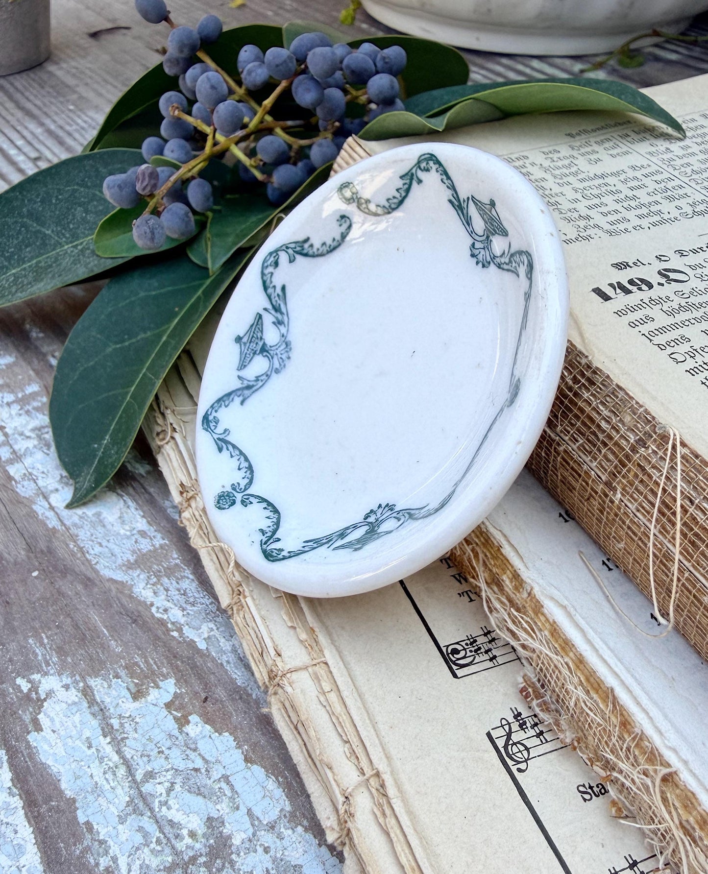 Antique Ironstone Butter Pat Chunky Transferware Green White Floral Farmhouse Decor