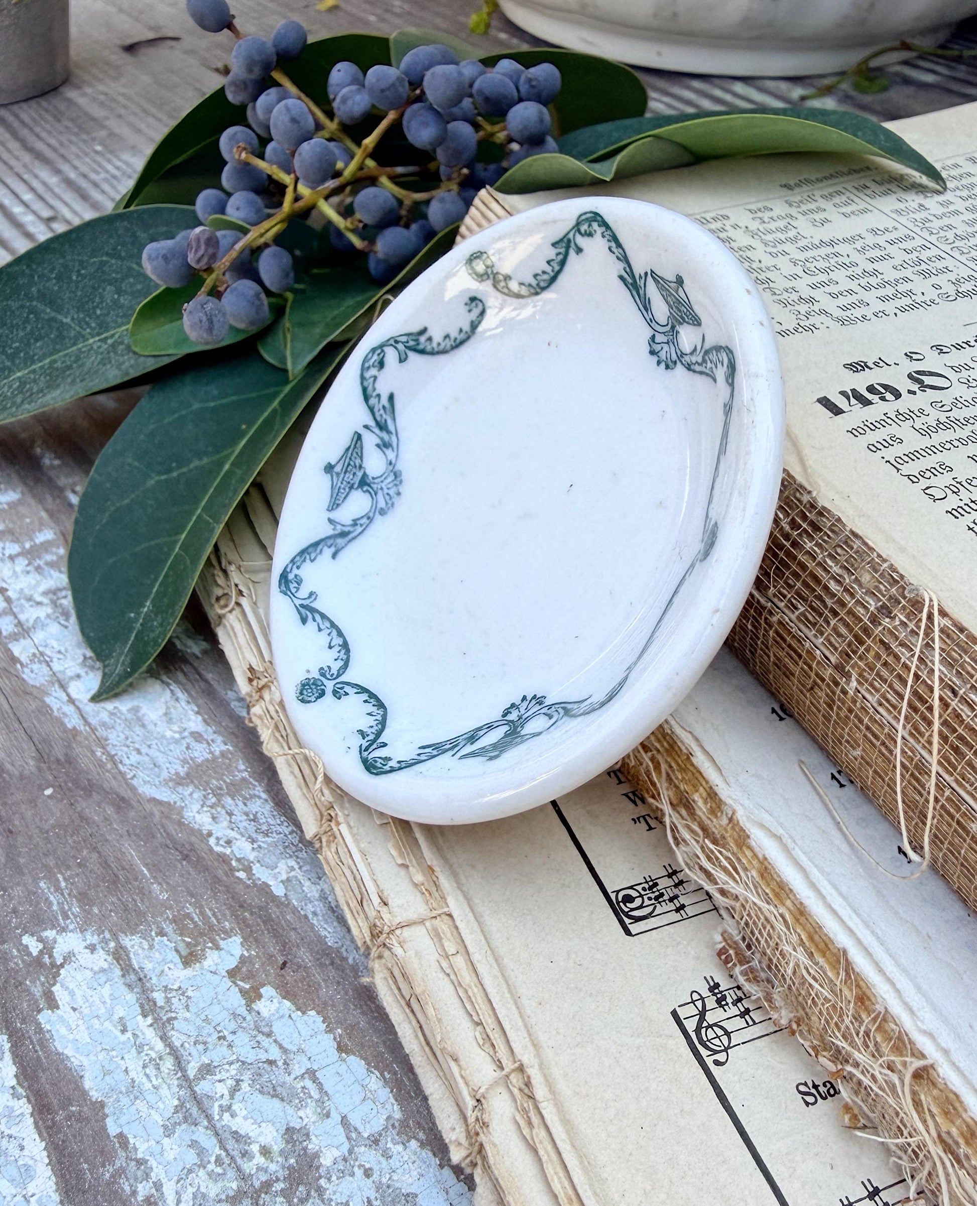 Antique Ironstone Butter Pat Chunky Transferware Green White Floral Farmhouse Decor