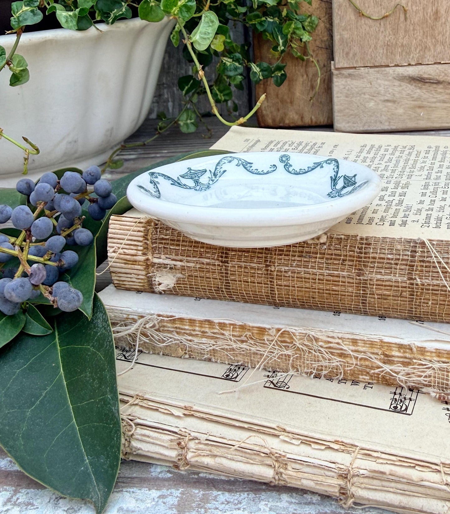 Antique Ironstone Butter Pat Chunky Transferware Green White Floral Farmhouse Decor