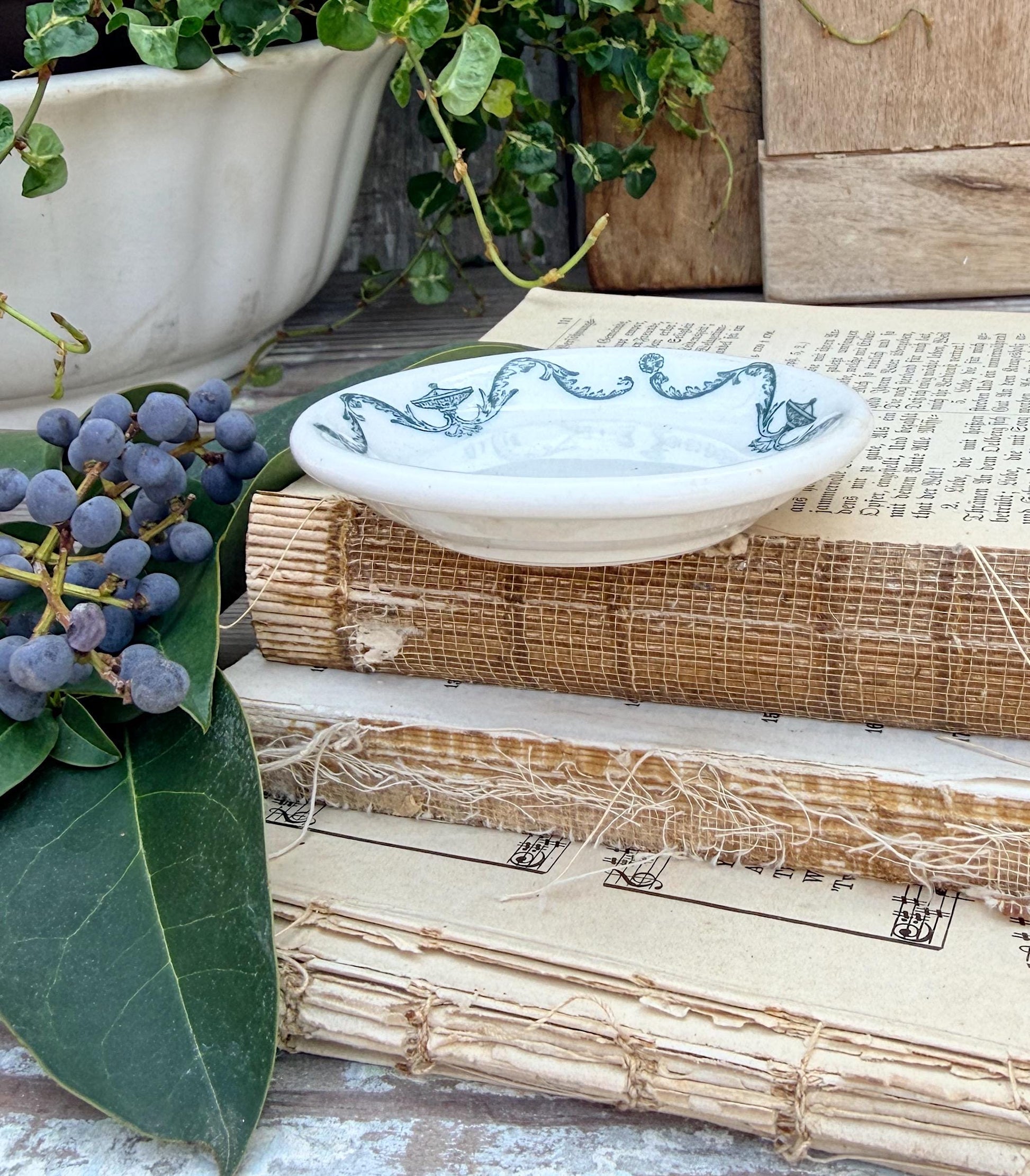 Antique Ironstone Butter Pat Chunky Transferware Green White Floral Farmhouse Decor