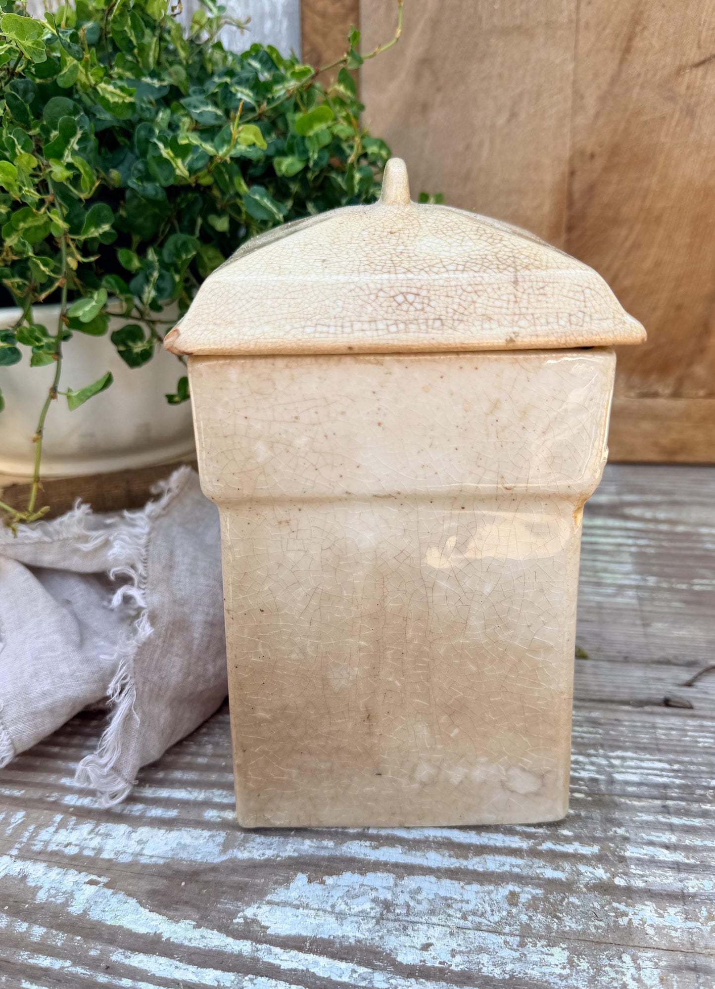 Antique Ironstone OATMEAL Jar Canister Farmhouse Decor Crazed Stained