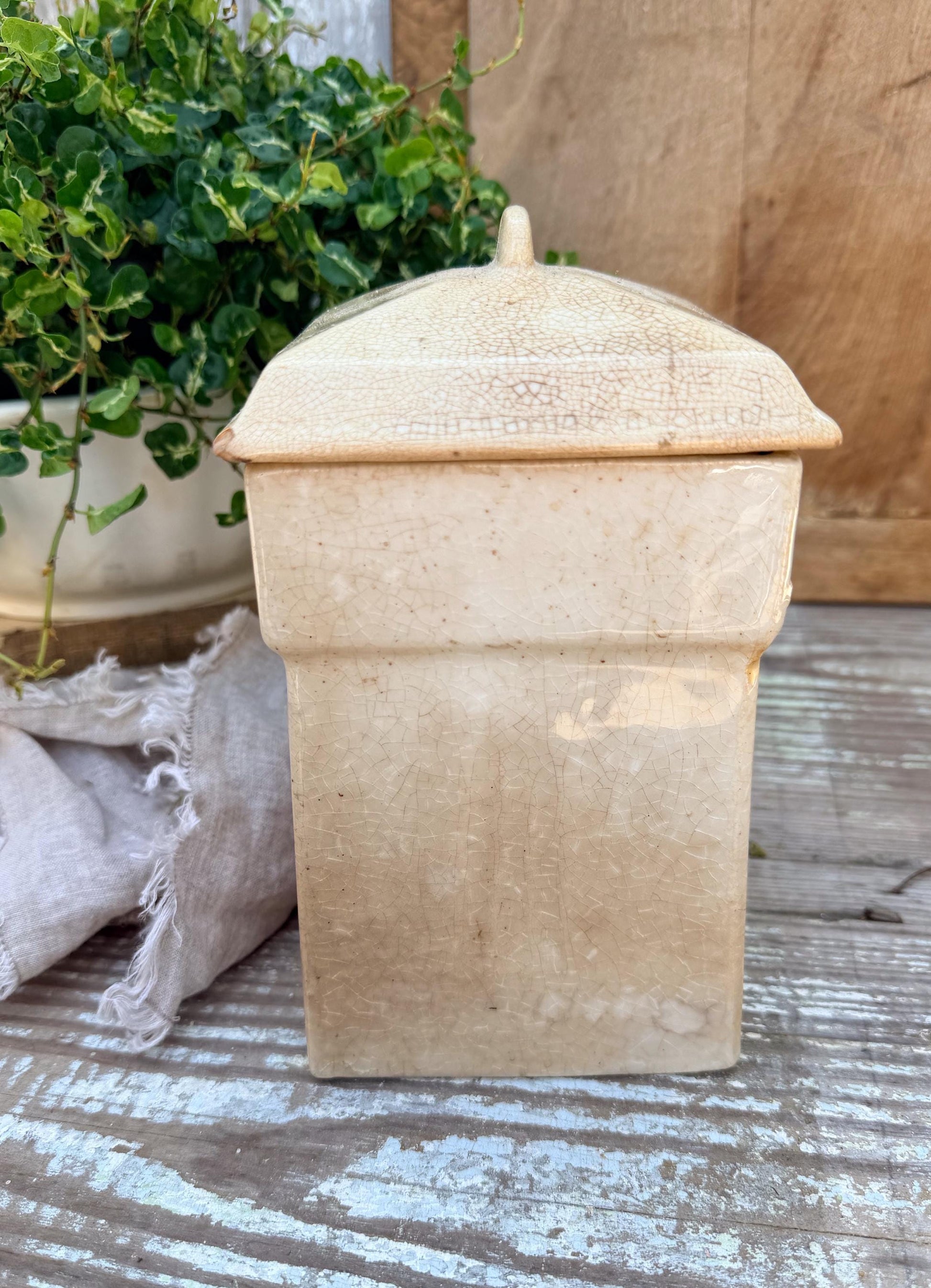 Antique Ironstone OATMEAL Jar Canister Farmhouse Decor Crazed Stained