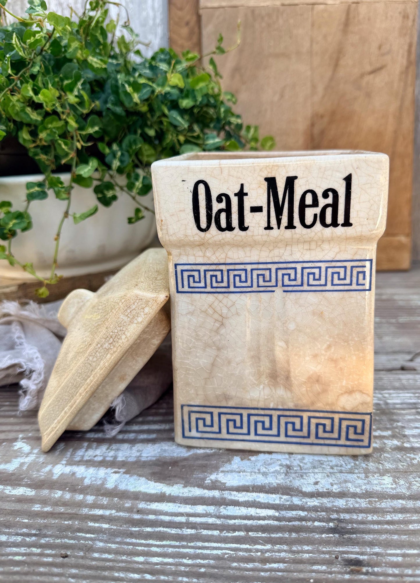 Antique Ironstone OATMEAL Jar Canister Farmhouse Decor Crazed Stained