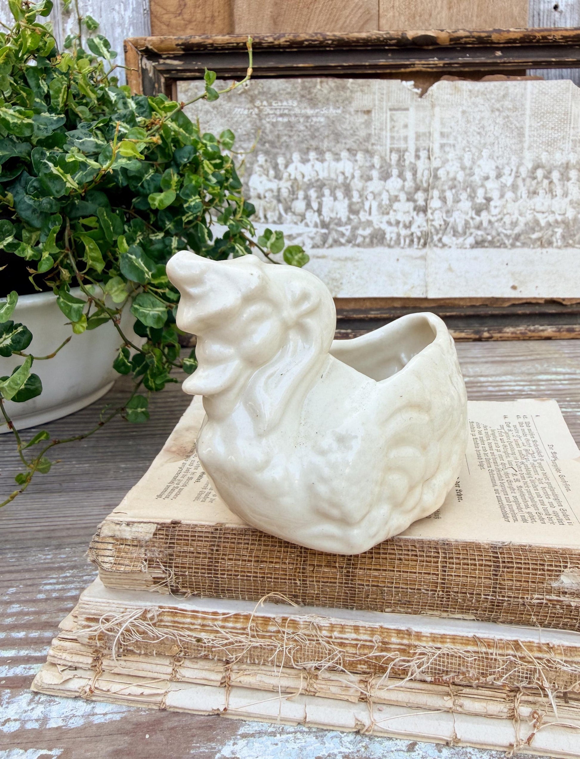 Vintage Ceramic Duck with Bonnet Flower Pot USA Container Farmhouse Decor GARDEN Decor Ironstone