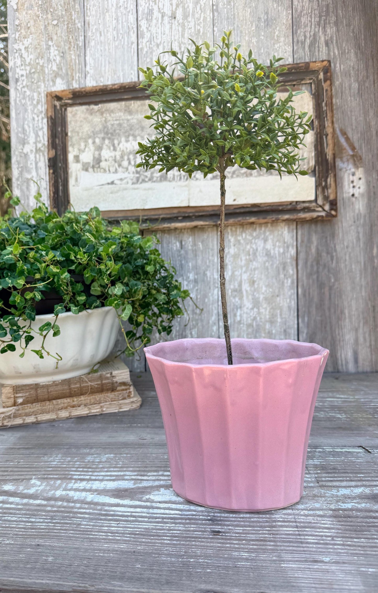Antique PINK Flower Pot With Saucer USA Planter Container Farmhouse Vintage Garden Decor Spring