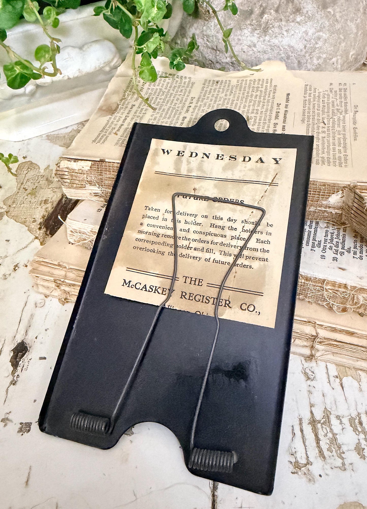 Antique McCaskey Register Clip Holder: WEDNESDAY Industrial Clipboard Farmhouse Decor