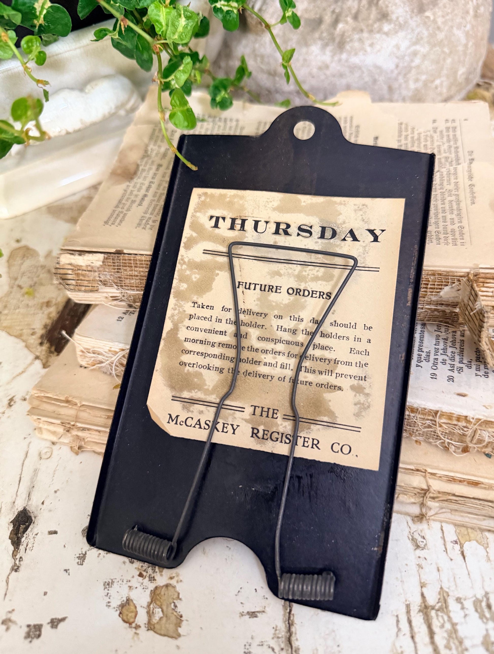 Antique McCaskey Register Clip THURSDAY Receipt Holder – Industrial Metal Clipboard Farmhouse Decor