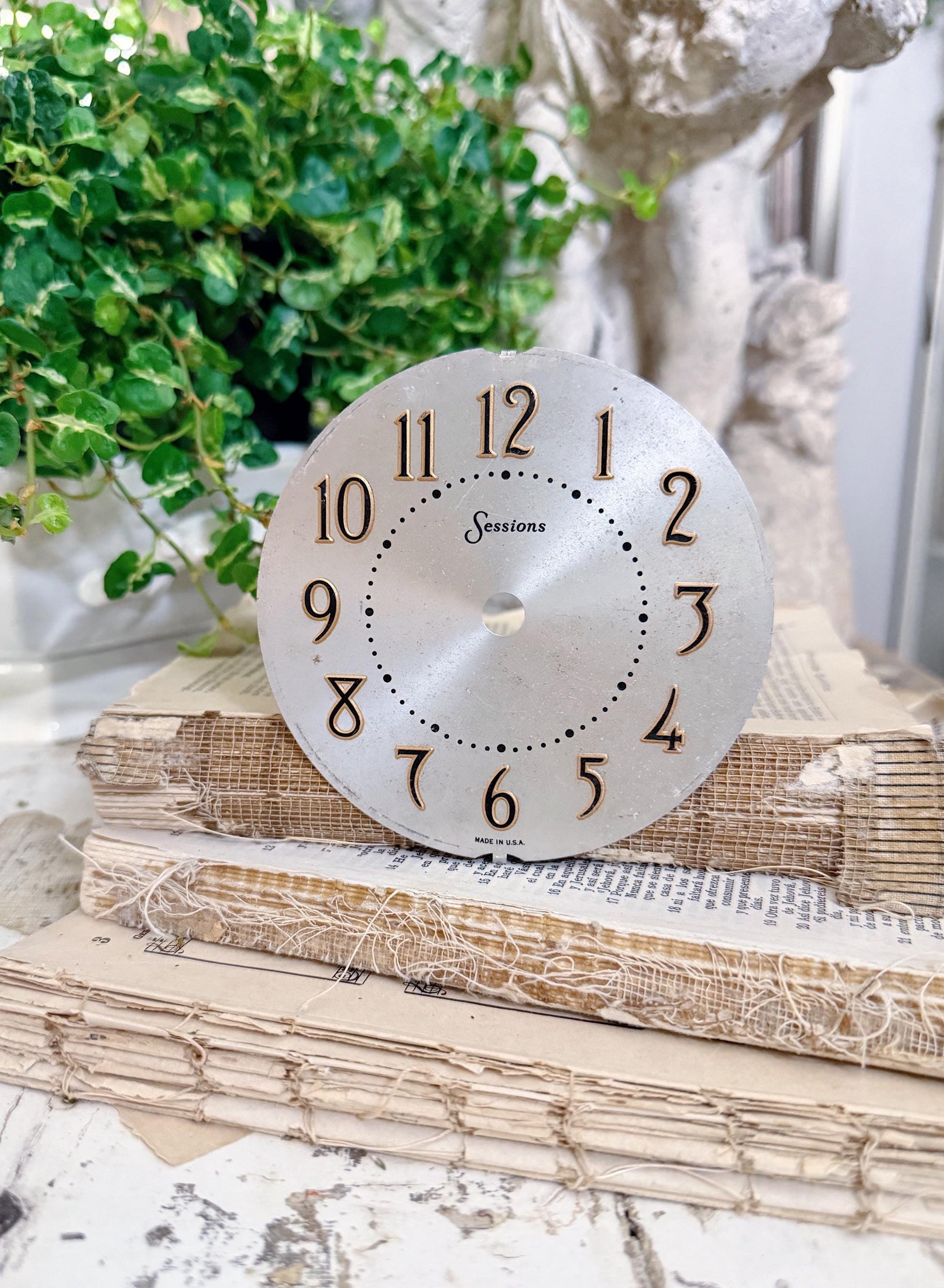 Antique Clock SESSIONS Brass Clock Dial Farmhouse Decor Industrial Salvage Parts