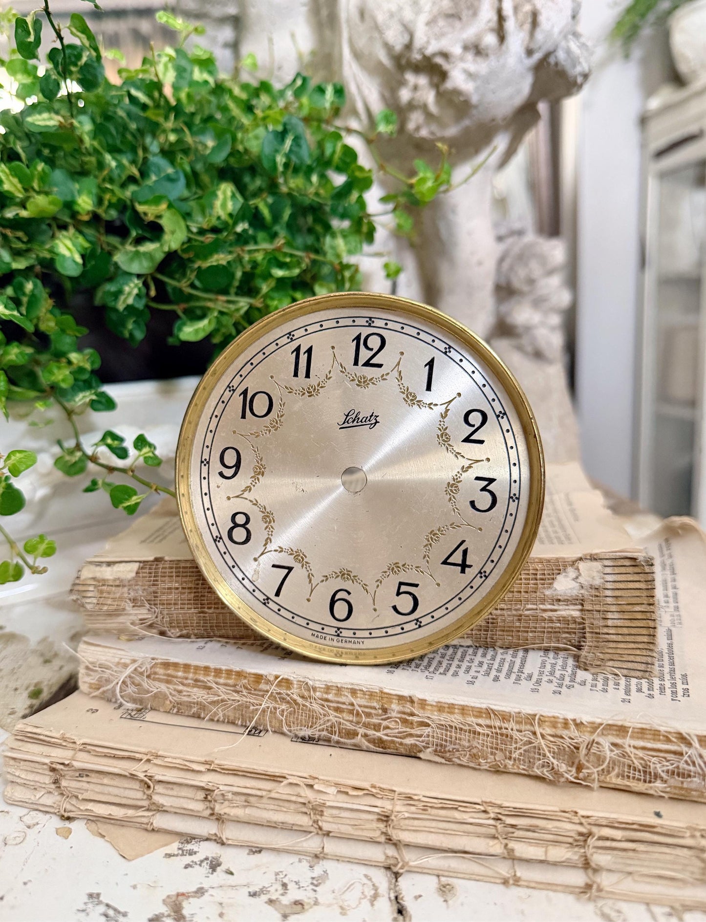 Antique Clock SCHATZ Brass Clock Dial Farmhouse Decor Industrial Salvage Parts GERMANY