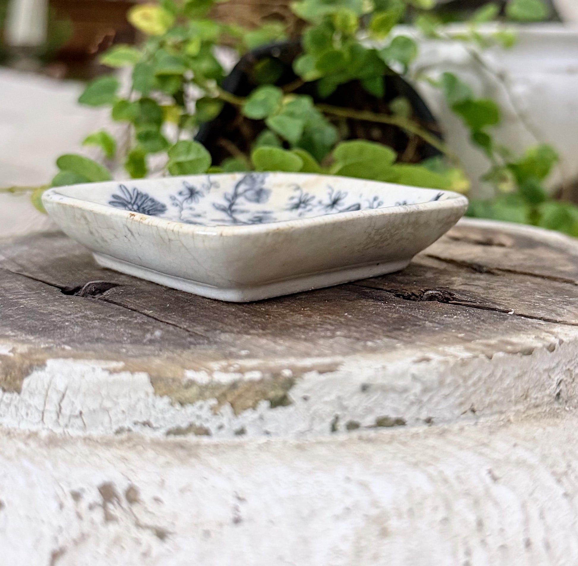 Antique White Ironstone Flow Blue SQUARE Butter Pat Farmhouse Decor Stained Grungy Crazing GRINDLEY