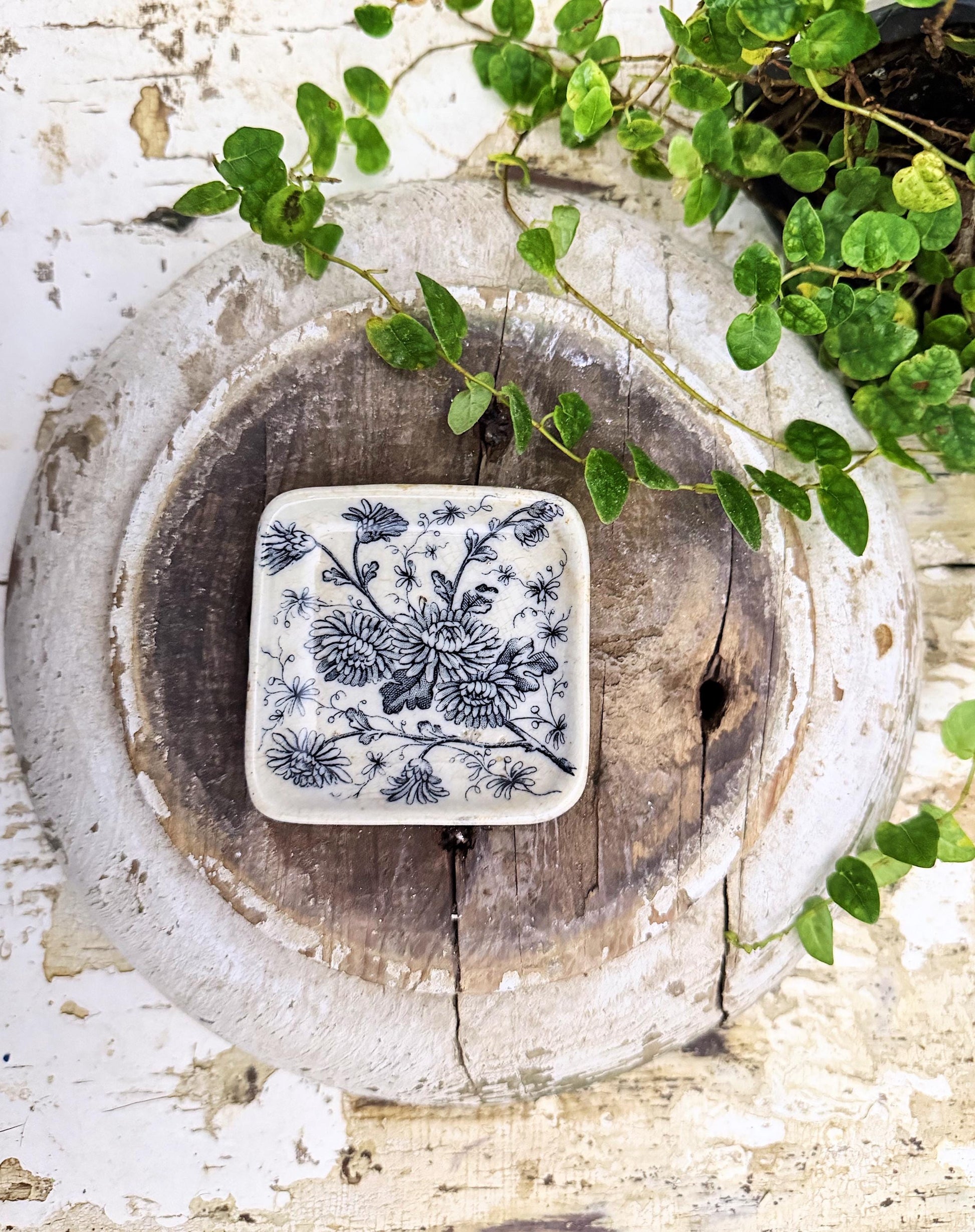 Antique White Ironstone Flow Blue SQUARE Butter Pat Farmhouse Decor Stained Grungy Crazing GRINDLEY