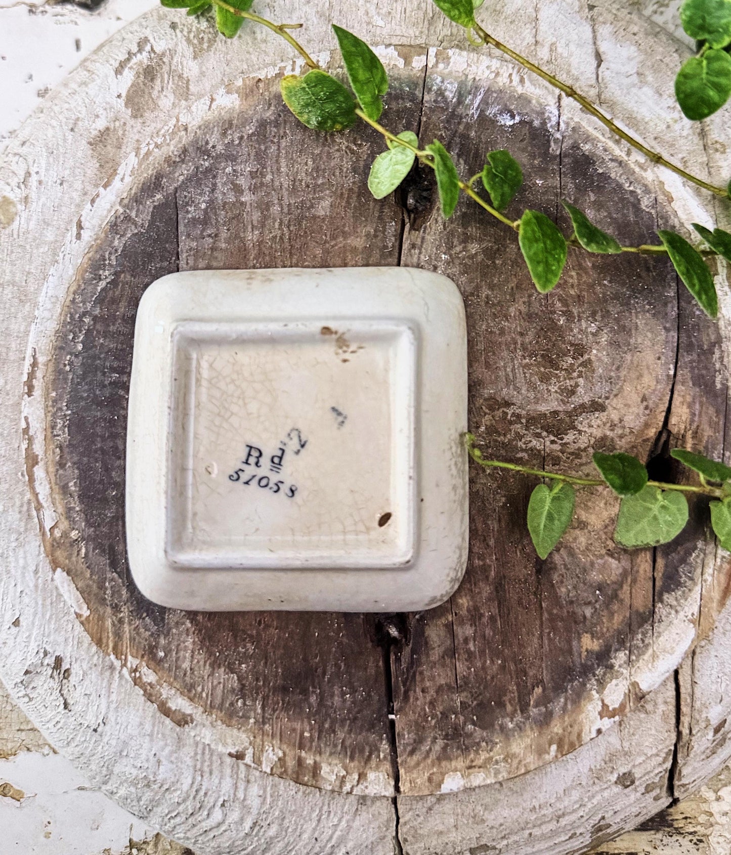 Antique White Ironstone Flow Blue SQUARE Butter Pat Farmhouse Decor Stained Grungy Crazing GRINDLEY