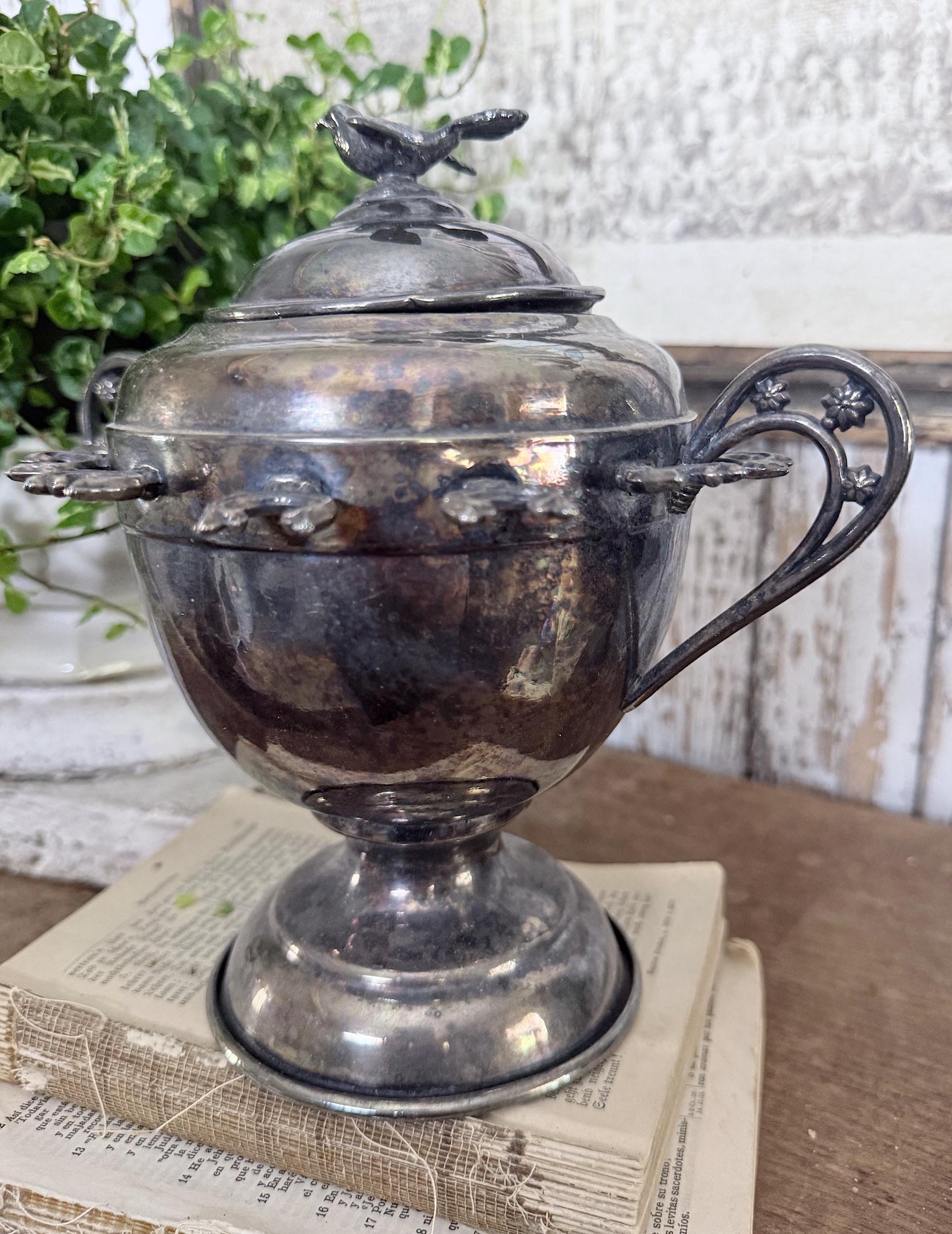 Antique Silver Sugar Jar Spoon Stand BIRD French Country Farmhouse Decor QUADRUPLE Plate