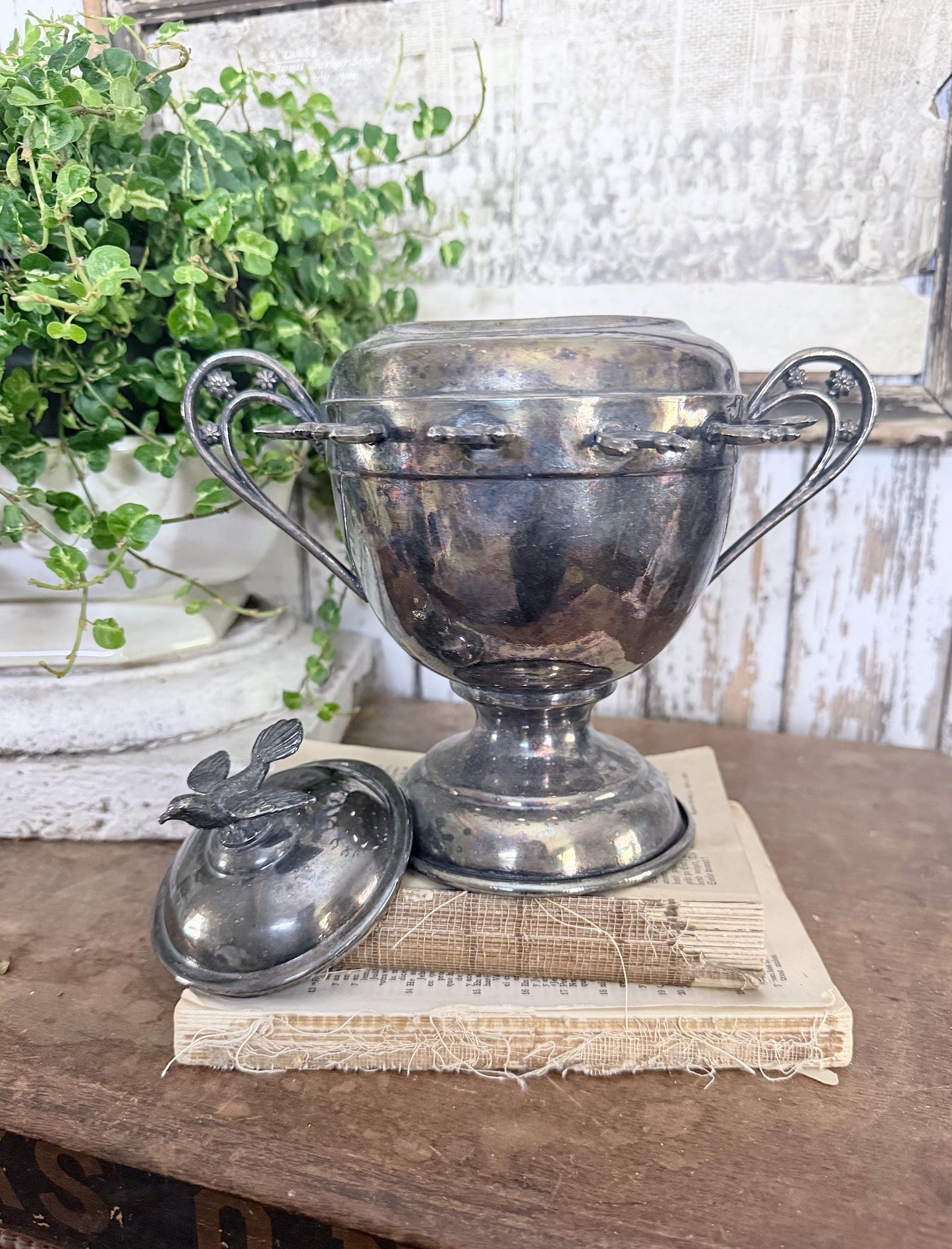 Antique Silver Sugar Jar Spoon Stand BIRD French Country Farmhouse Decor QUADRUPLE Plate