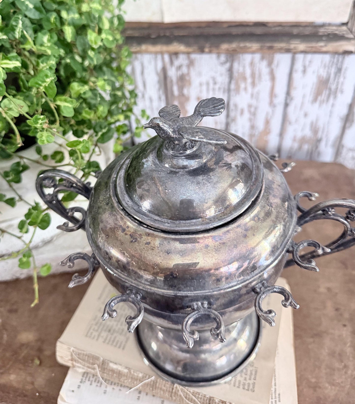 Antique Silver Sugar Jar Spoon Stand BIRD French Country Farmhouse Decor QUADRUPLE Plate