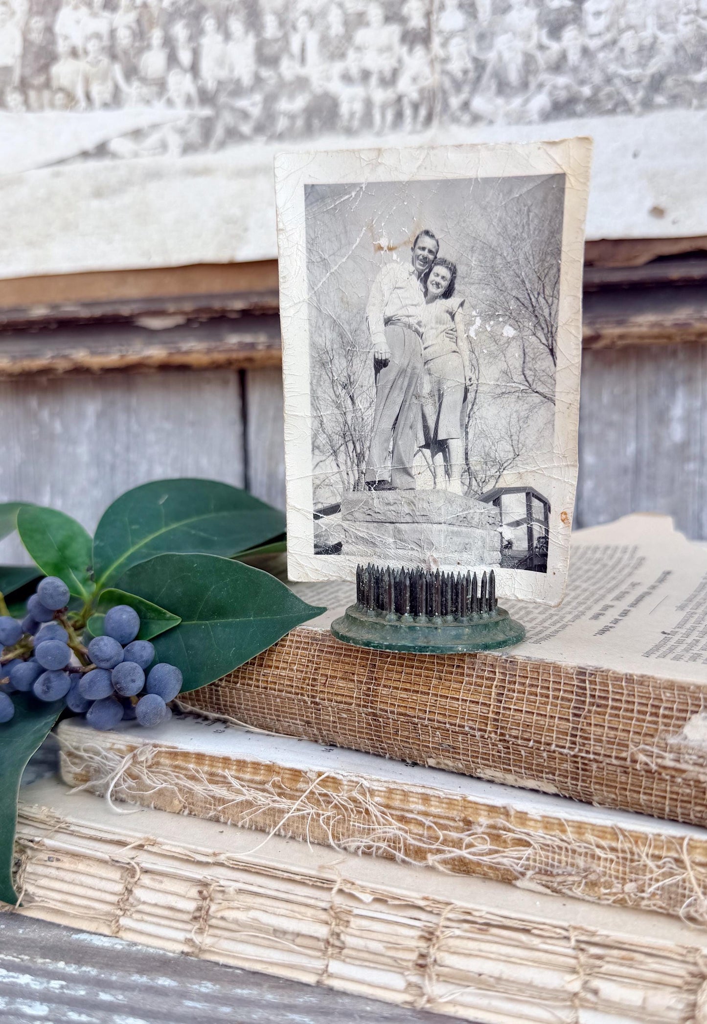 Vintage GREEN Metal Floral Frog Flower Holder Farmhouse Decor Vogue Christmas Decor Photo Spike Golden Gate