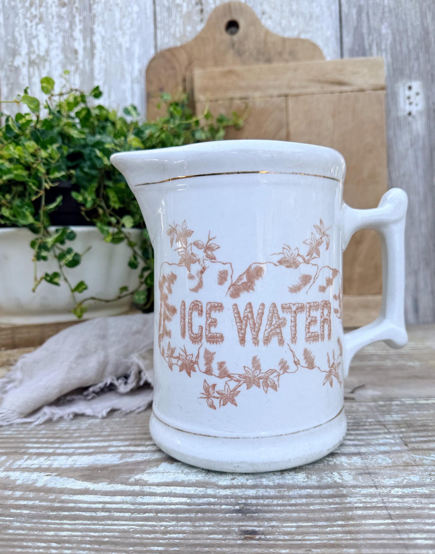 Antique White Ironstone Pitcher ICE WATER Milk Jug Farmhouse Decor ANCHOR Pottery Crazed Transferware Brown